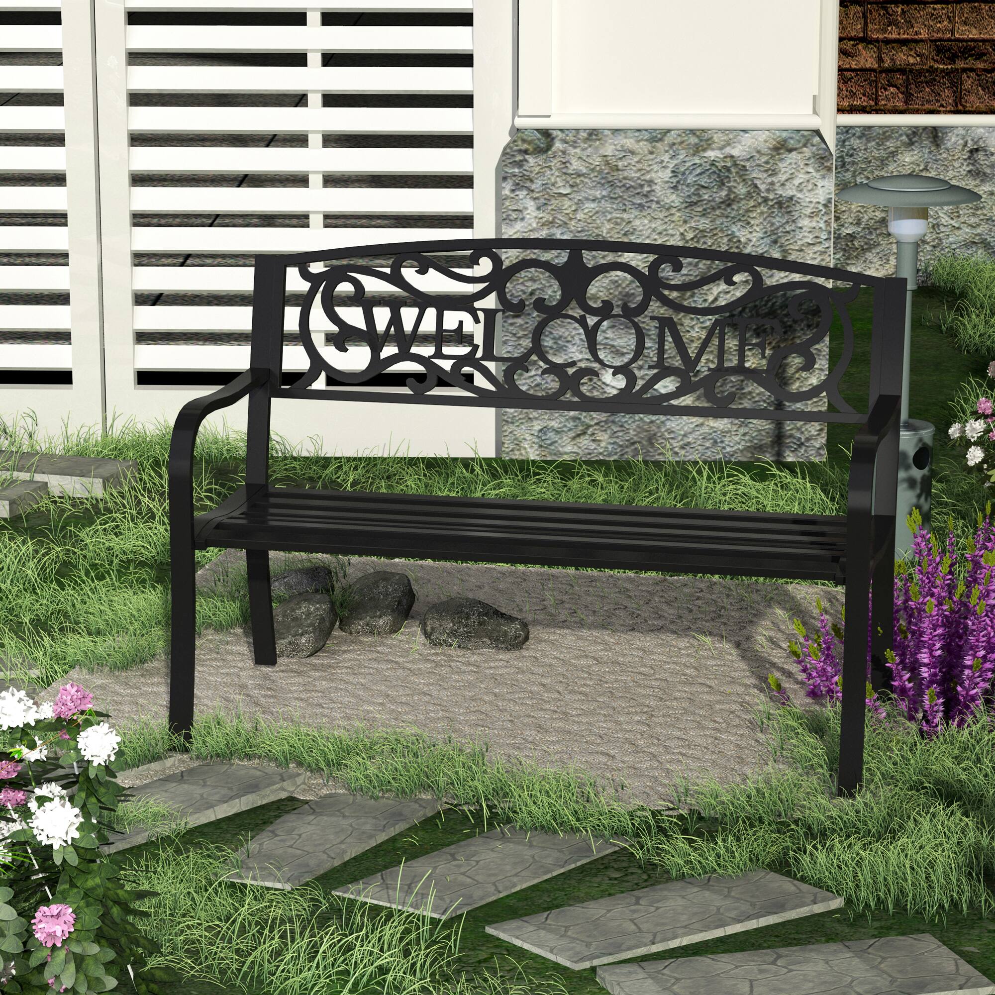 Alt View 1. Outsunny - 50" 2-Person Garden Bench Loveseat with Cast Iron Decorative Welcome Vines, Outdoor Patio Bench for Backyard - Black.