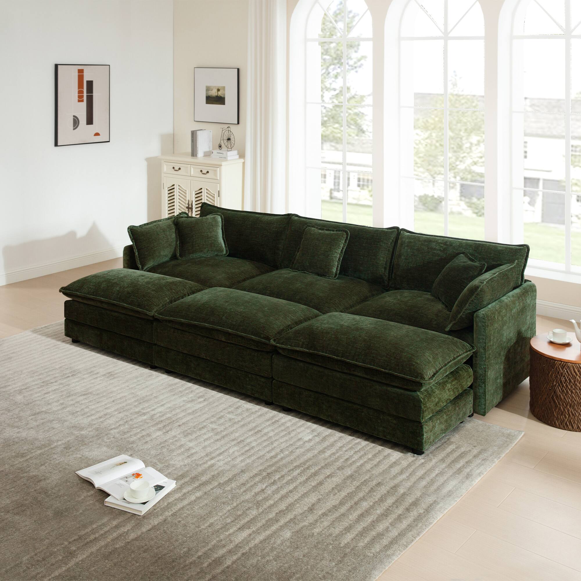 Front. LOVMOR - U Shaped Modular Deep Seat 3 Seater Chenille Sectional Couch Easy Assembly For Living Room Home Theater Lounge - Green.