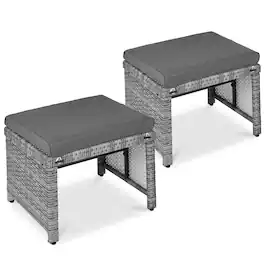 Best Choice Products - Set of 2 Multipurpose Patio Wicker Ottomans w/ Removable Cushions - Gray/Gray