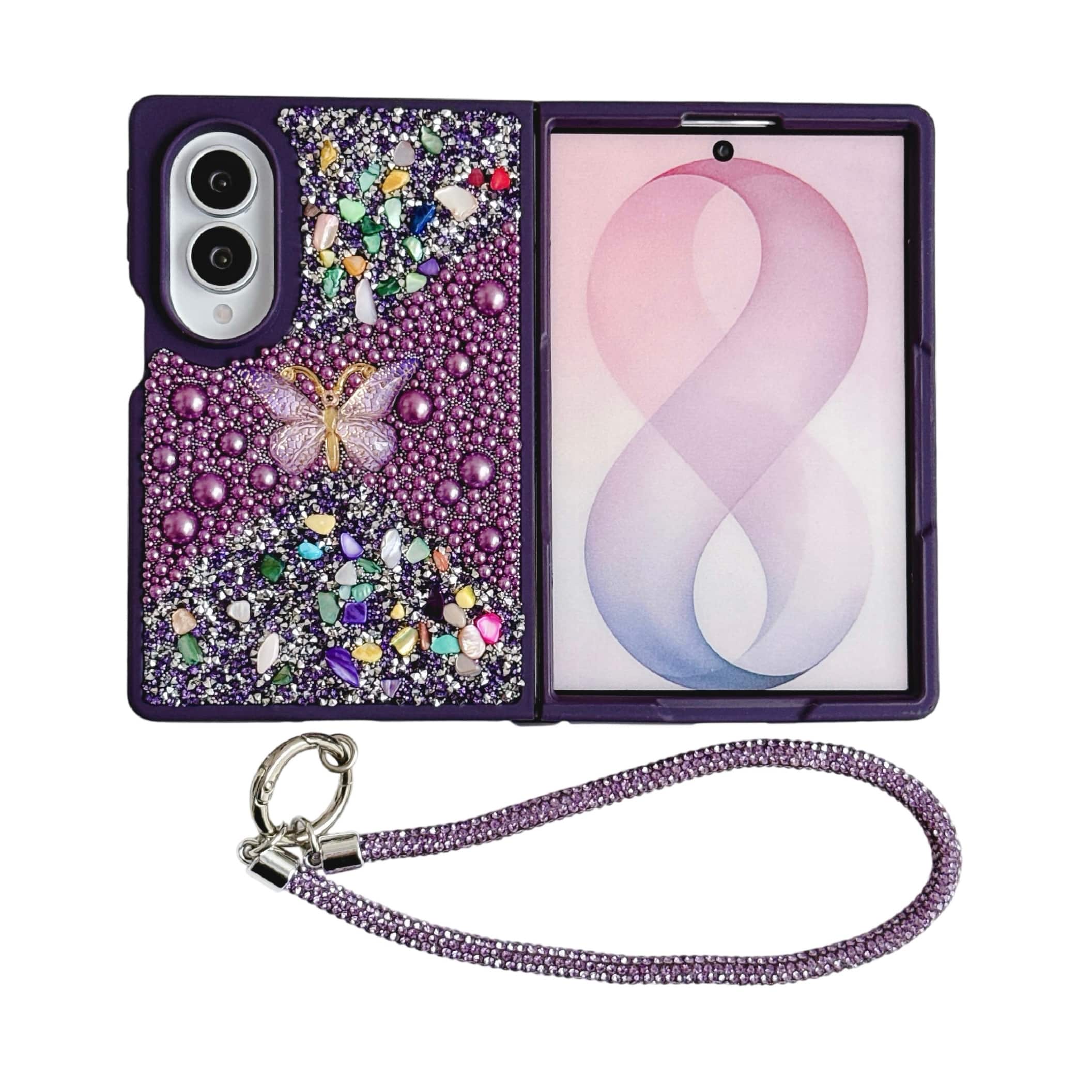 Dteck - Diamond Case for Samsung Galaxy Z Fold 8, Sparkle Glitter Rhinestone Butterfly Phone Cover with Strap - Purple