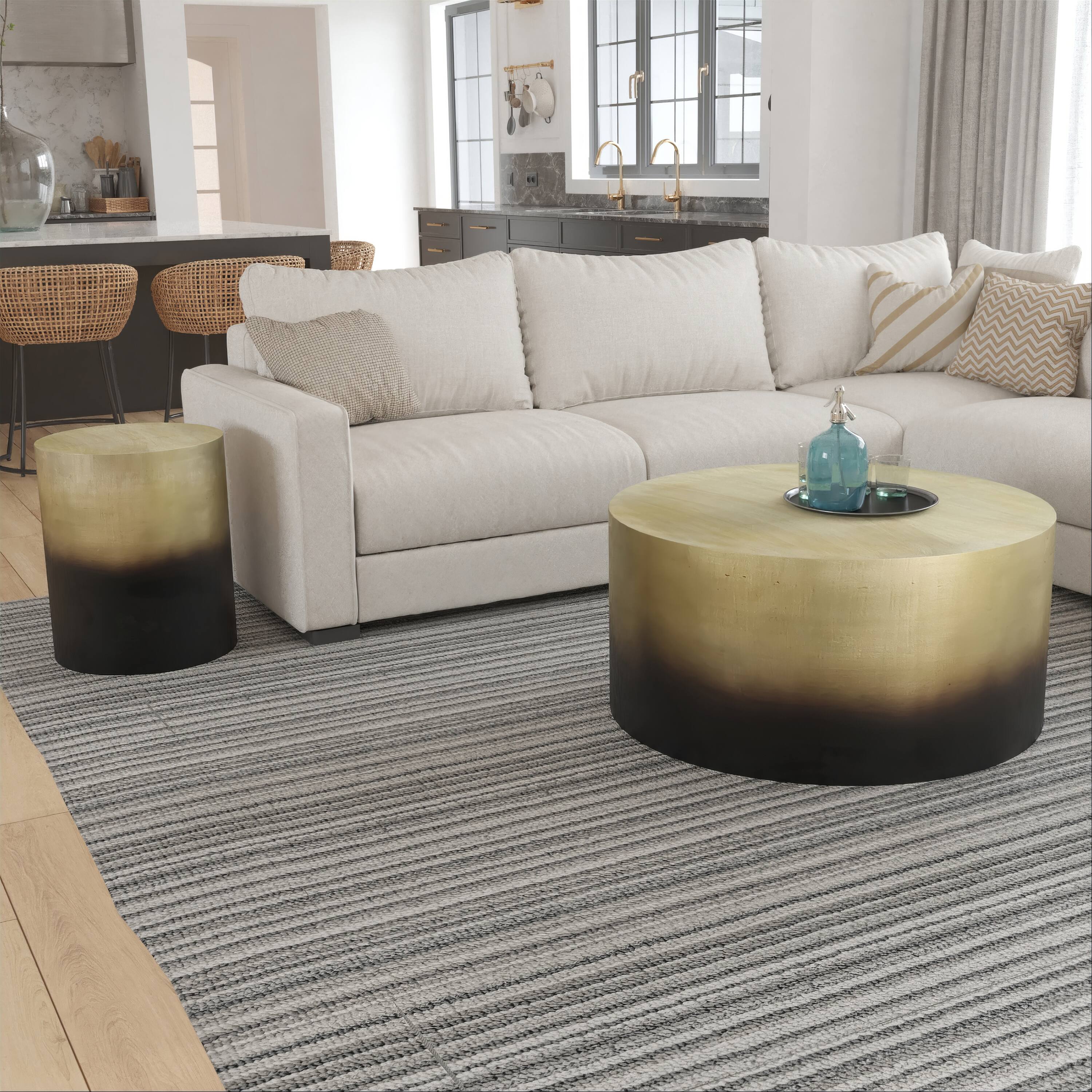 Alt View 9. Manhattan Lane - Dyan Coffee Table, 34.5 Inch Round Drum Shape - Antique Brass, Black.