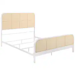 Manhattan Lane - Lanie Queen Bed with Brown Open Cane Webbing Faux Rattan, White Metal - White, Brown