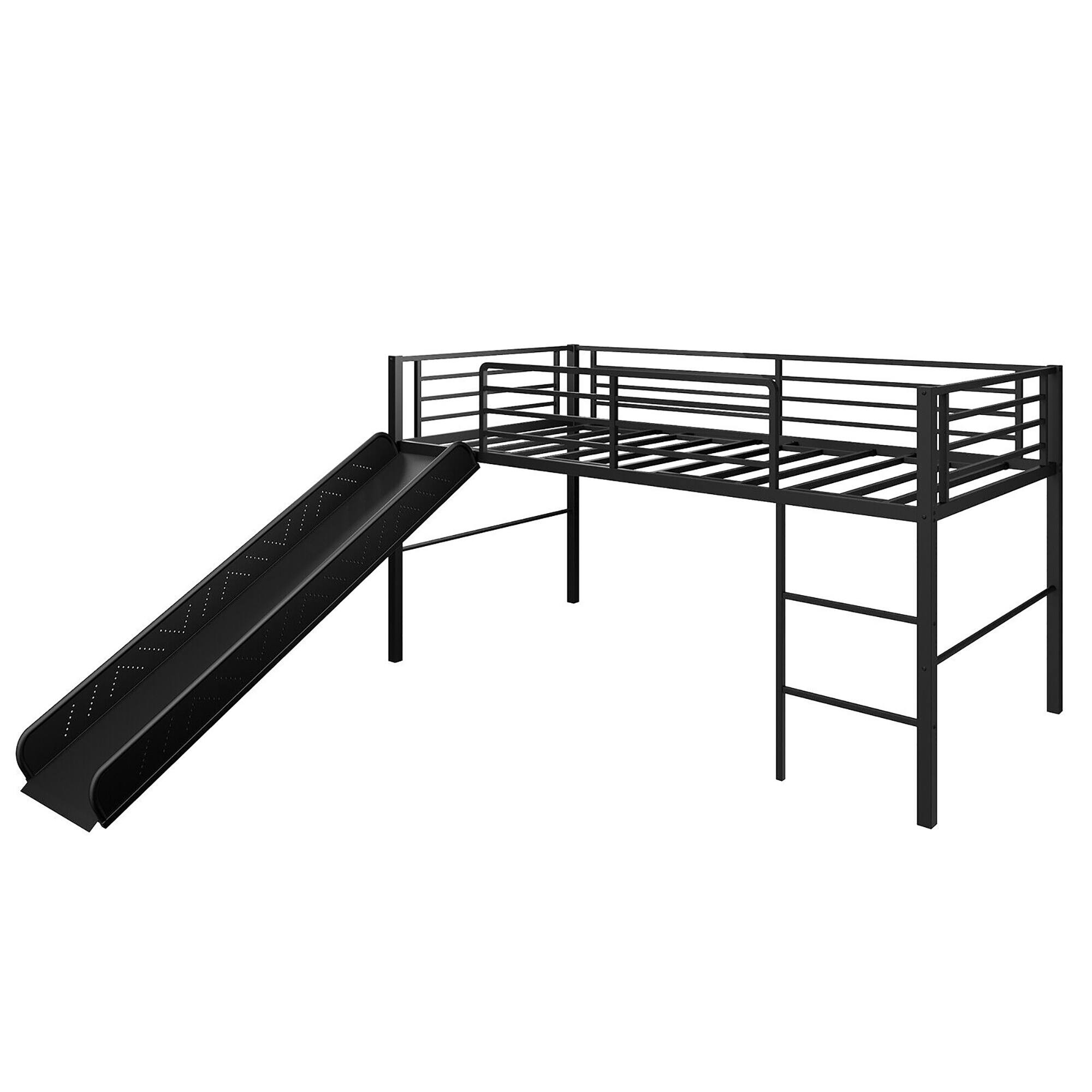Front. Costway - Costway Twin Metal Loft Bed with Slide Guardrails Built-in Ladder Low Bed Frame - Black.