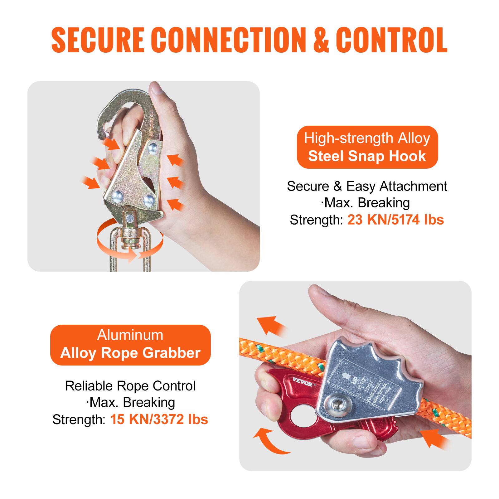 SECURE CONNECTION & CONTROL

High-strength Alloy Steel Snap Hook
- Secure & Easy Attachment
- Max. Breaking Strength: 23 KN/5174 lbs

Aluminum Alloy Rope Grabber
- Reliable Rope Control
- Max. Breaking Strength: 15 KN/3372 lbs