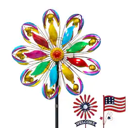 A Anleolife - 84 in. H Large Metal Kinetic Wind Spinner Colorful Yard Art with 2 Piece Welcome Flag Decoration for Garden - Multi-Colored