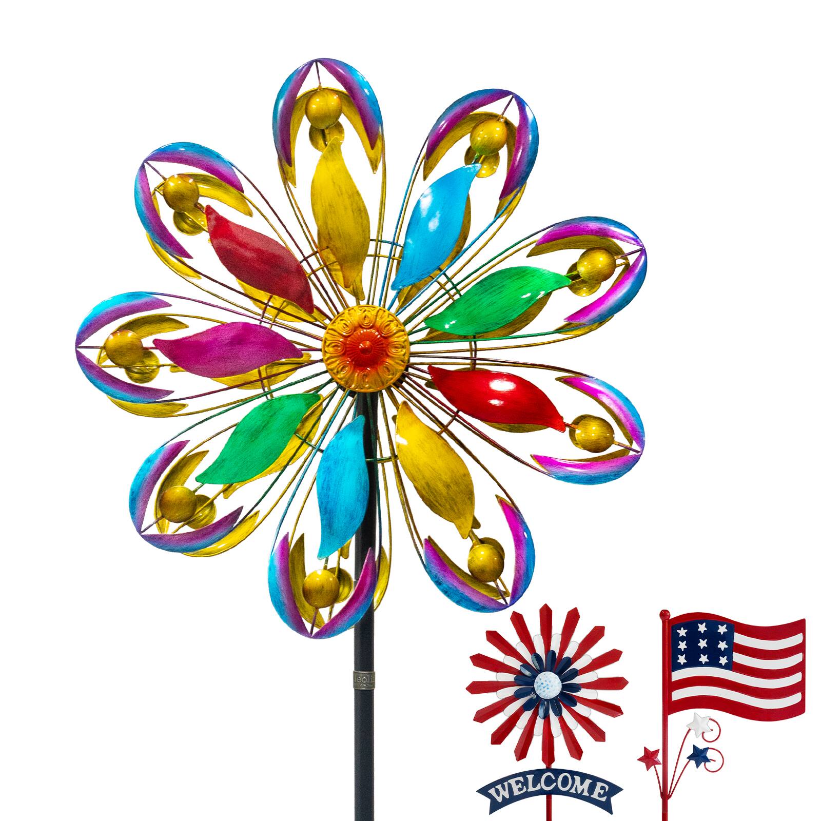 Front. A Anleolife - 84 in. H Large Metal Kinetic Wind Spinner Colorful Yard Art with 2 Piece Welcome Flag Decoration for Garden - Multi-Colored.