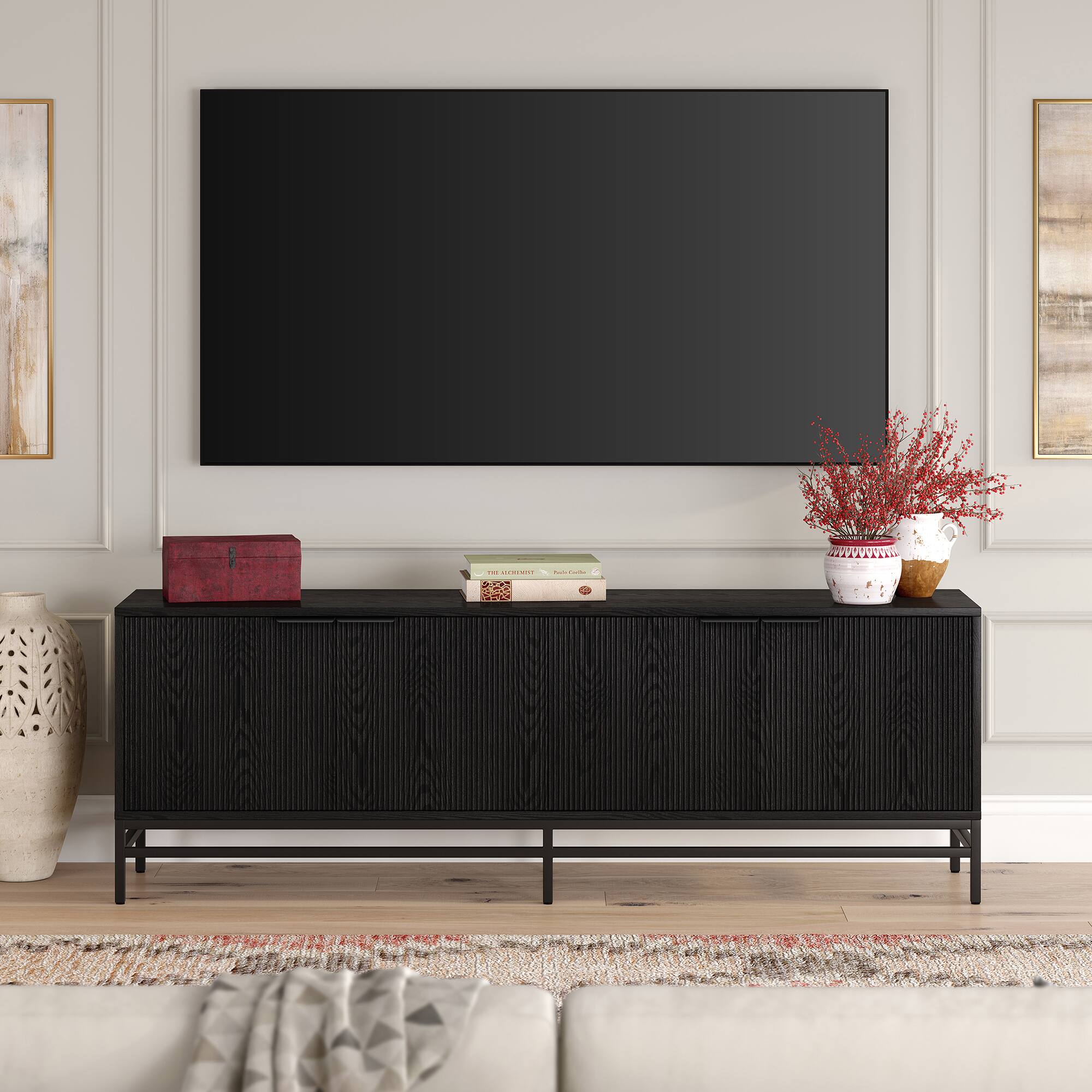 Alt View 2. Hudson&Canal - Montello Rectangular Fluted TV Stand for TV's up to 78" in Black Grain - Black Grain.