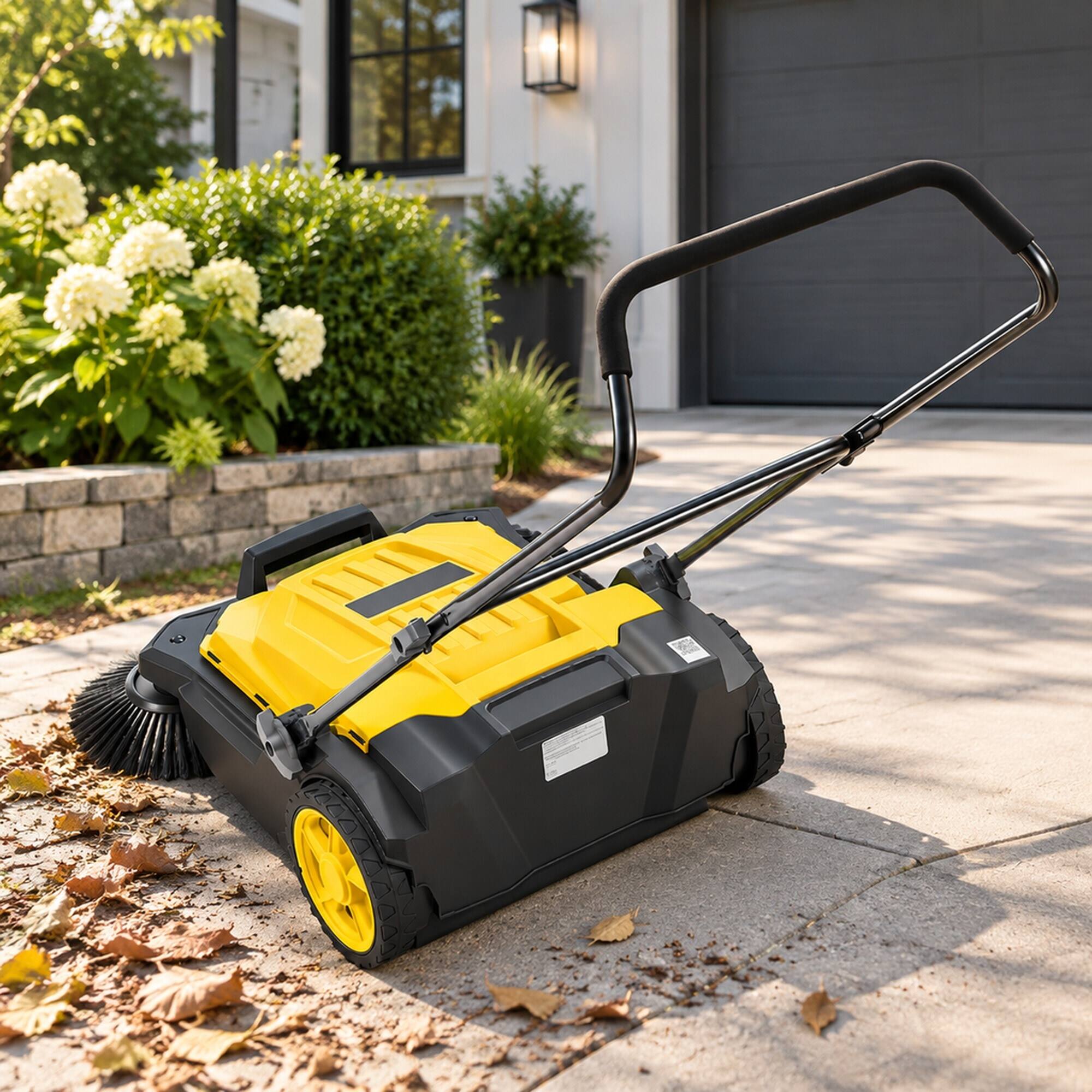 Angle. RYHNUYNE - Walk-Behind Hand Push Floor Sweeper, 25.6 in Sweeping Width, 5 Gallons Waste Container, Folding Handle, Yellow - Yellow.