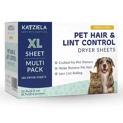 KATZIELA HAPPY PETS, HAPPY LIFE.
XL PET HAIR & LINT CONTROL SHEET MULTI PACK
180 DRYER SHEETS
FRESH SCENT
Crafted For Pet Owners
Helps Remove Pet Hair
Less Lint Rolling
22.0x32.0 cm (8.7x12.6 inches)
