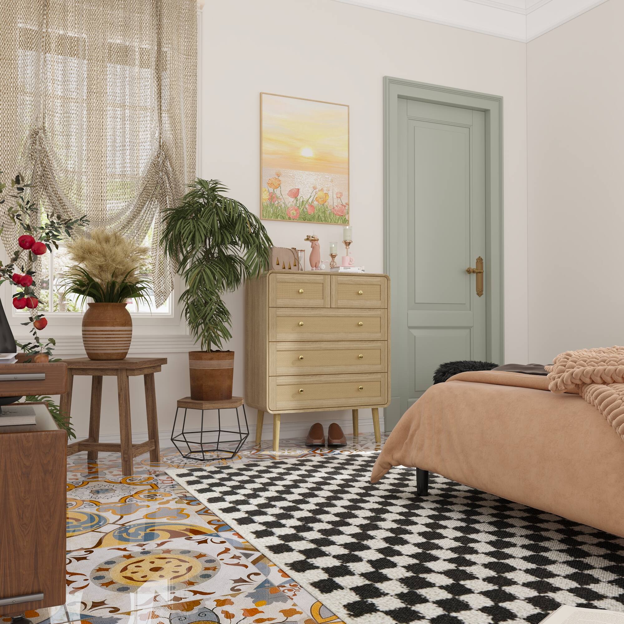 Alt View 1. FUFU & GAGA - FUFU&GAGA 5 - Drawer Vertical Dresser with Anti - Tip & Rattan Accents - Wooden.