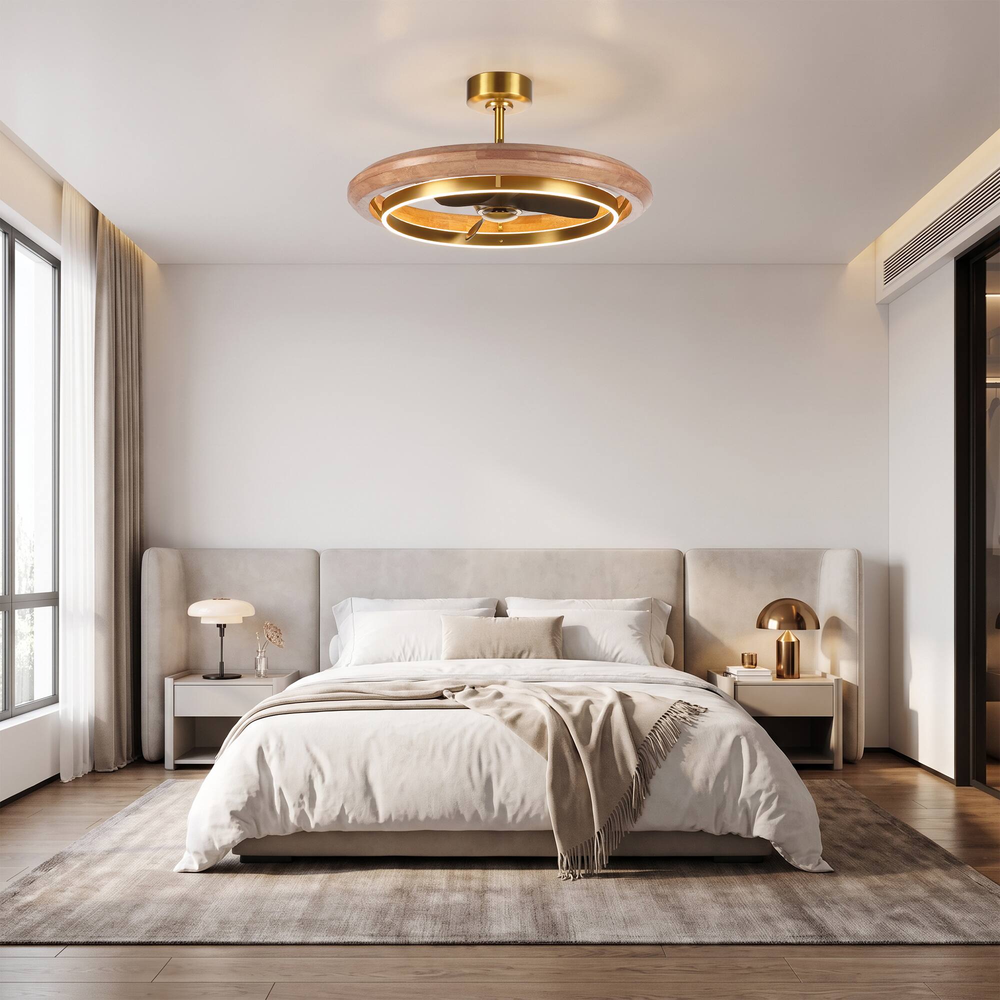 Back. Parrot Uncle - 33 Inch Modern Wood LED Ceiling Fan 6 Speed DC Motor Dimmable Caged Chandelier with Remote - Gold.