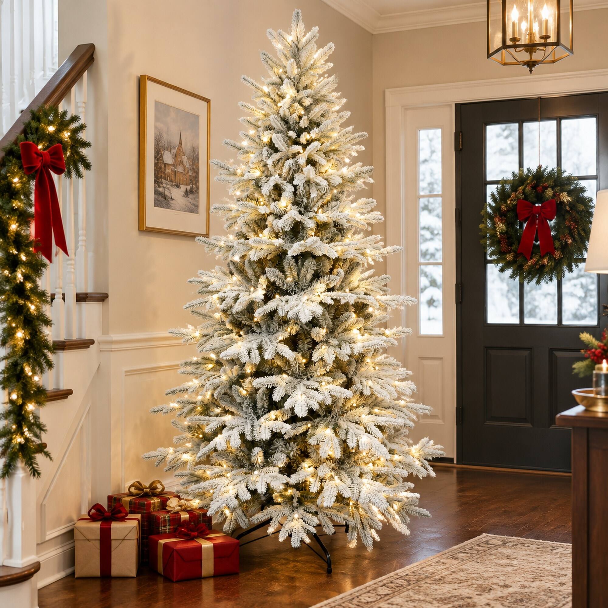 Alt View 1. RYHNUYNE - 6FT Pre-Lit Flocked Christmas Tree With 300 Two-Color LED Lights and 1582 Tips, 9 Modes and Metal Stand - Green,White.