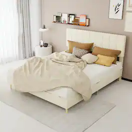 Loheer - Upholstered Queen Bed Frame with Soft Padded Headboard Modern Minimalist Bedroom Furniture - Beige