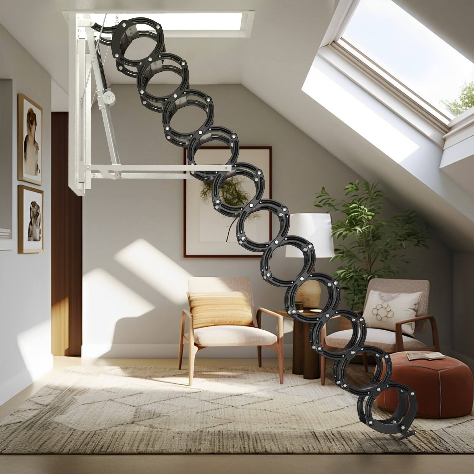 Alt View 6. Topteng - 11-Step Electric Attic Ladder with Remote-Aluminum Folding, 500lb Capacity, Silent Hydraulic Motor for Loft Access - Black.