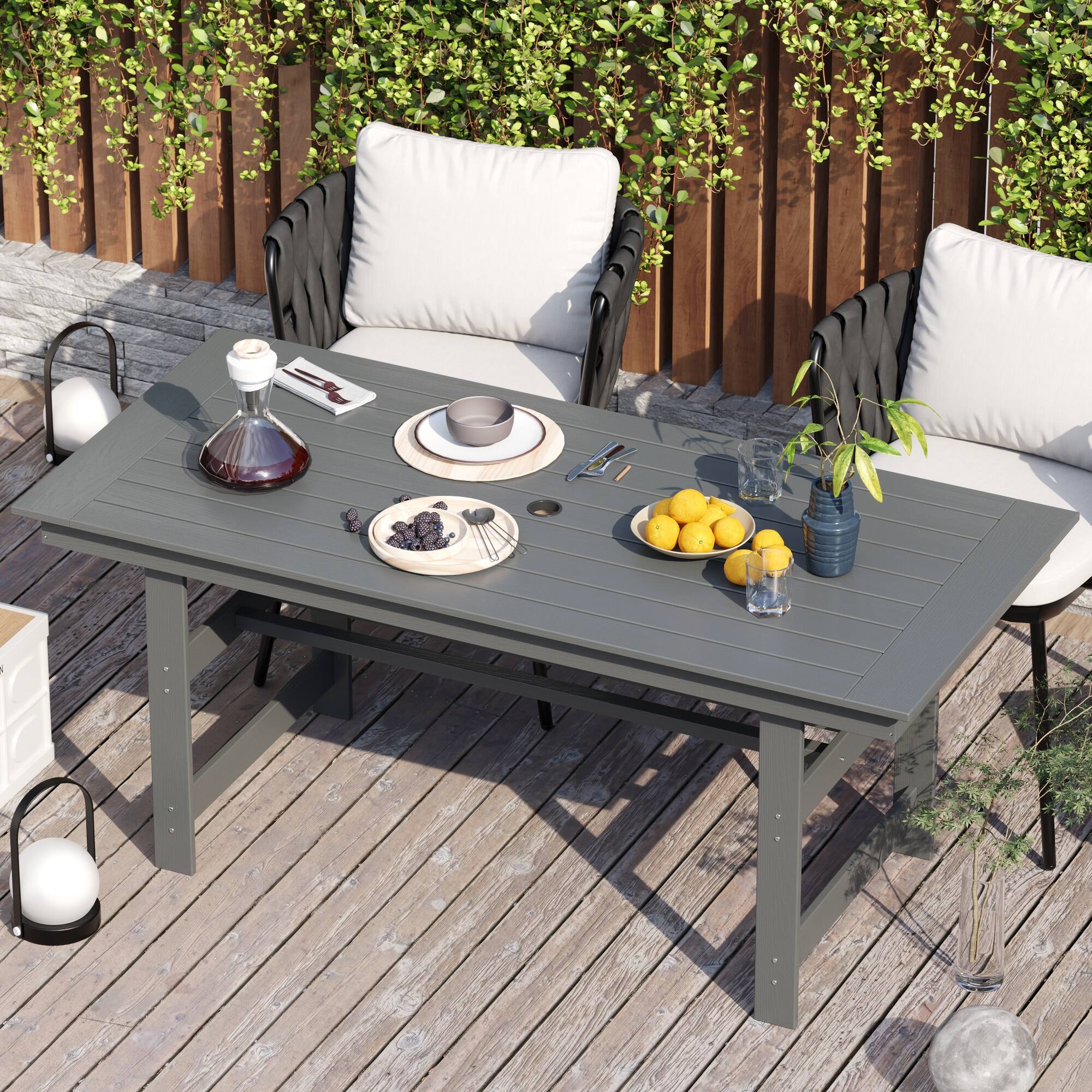 Alt View 1. Famapy - HDPE Outdoor Dining Table with Umbrella Hole & Cap - Solid Panel Patio Table for Garden, Backyard, Poolside - Gray.