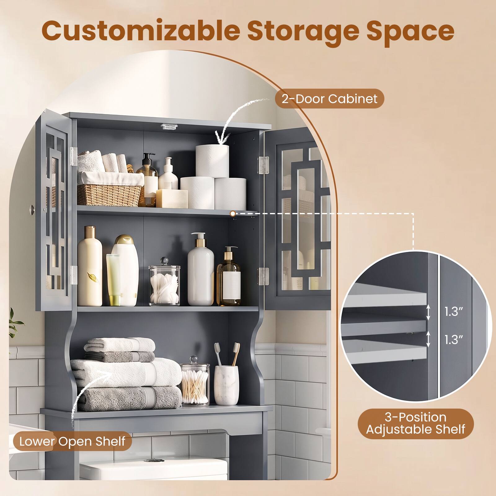 Customizable Storage Space  
2-Door Cabinet  
1.3"  
1.3"  
Lower Open Shelf  
3-Position Adjustable Shelf