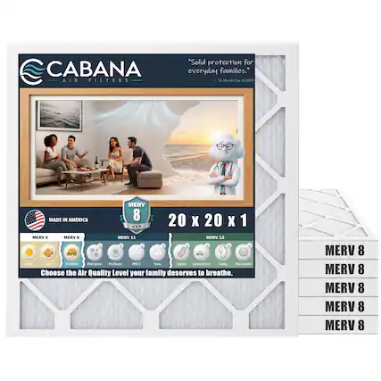 CABANA AIR FILTERS
"Solid protection for everyday families."
Dr. Mervin Cay, AQMD
MADE IN AMERICA
MERV 8
20 X 20 X 1
MERV 5
MERV 8
MERV 11
MERV 13
Choose the Air Quality Level your family deserves to breathe.
MERV 8
MERV 8
MERV 8
MERV 8
MERV 8
- Pollen
- Dust
- Dust Mites
- Mold Spores
- Pet Dander
- PM 2.5
- Smog
- Bacteria
- Exhaust Fumes
- Smoke
- Viruses