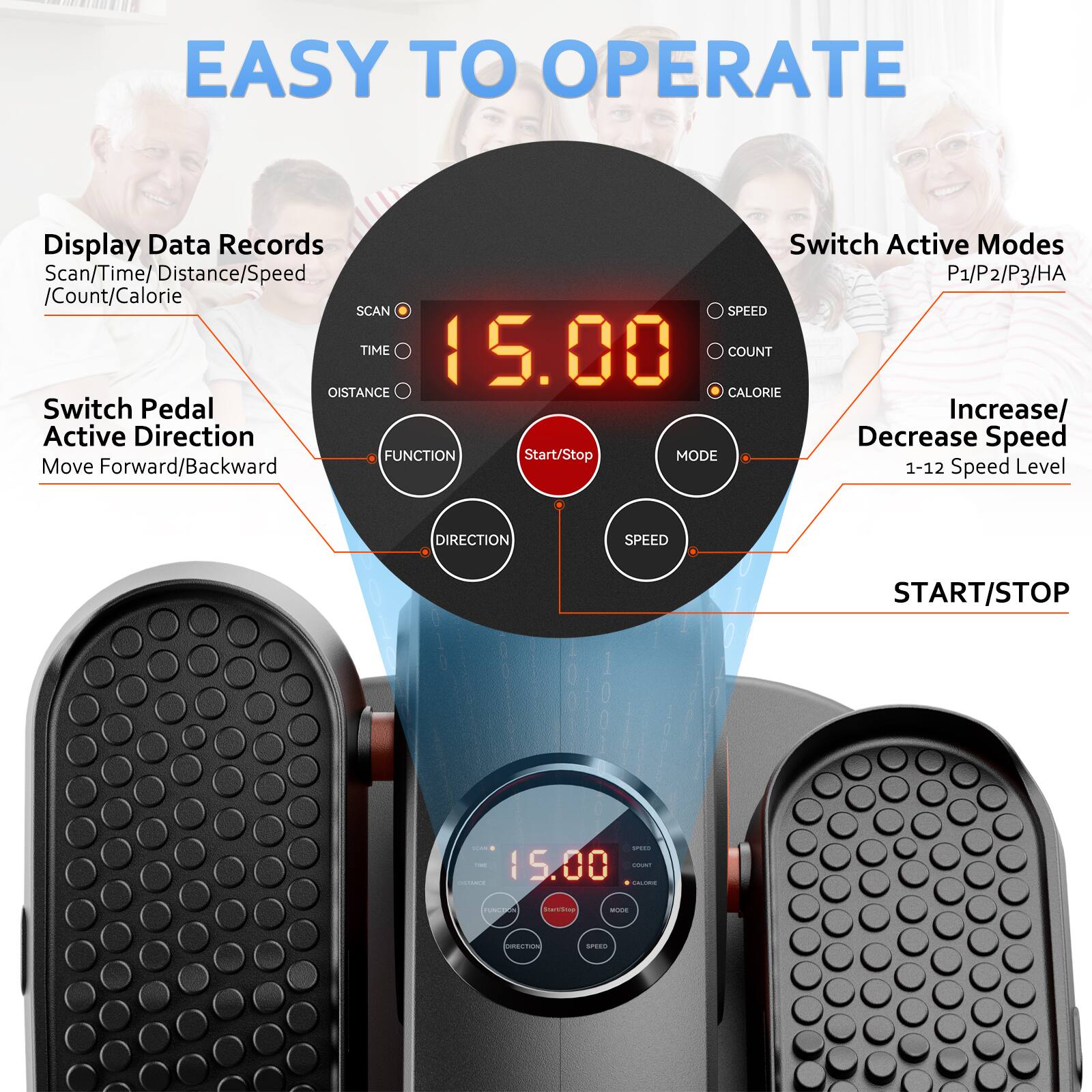 EASY TO OPERATE

Display Data Records
Scan/Time/Distance/Speed/Count/Calorie

Switch Active Modes
P1/P2/P3/HA

Switch Pedal Active Direction
Move Forward/Backward

Increase/Decrease Speed
1-12 Speed Level

FUNCTION
START/STOP

DIRECTION
SPEED

MODE

SCAN
TIME
OISTANCE
CALORIE

15.00