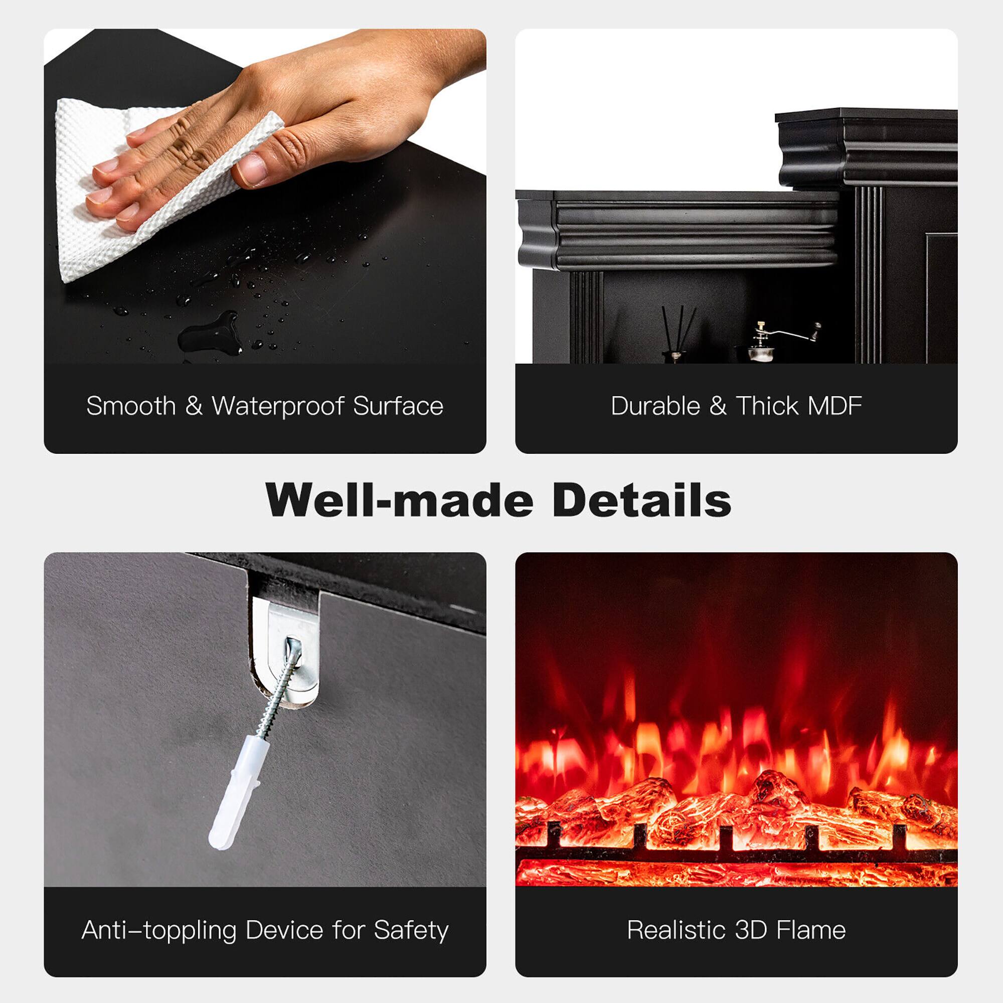 Smooth & Waterproof Surface, Durable & Thick MDF, Anti-toppling Device for Safety, Realistic 3D Flame
