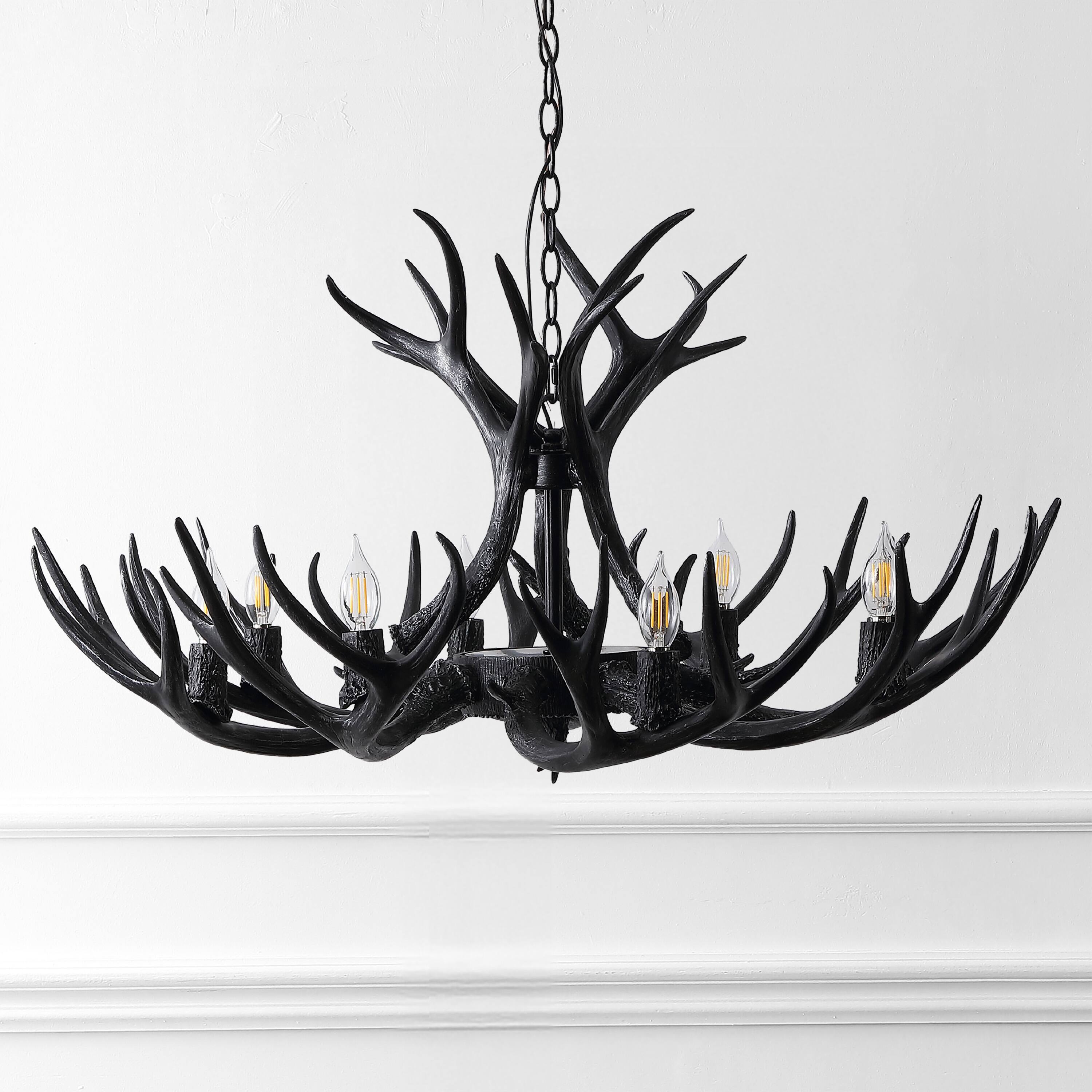 Alt View 5. Jonathan Y - Eldora 36" 8-Light Rustic Farmhouse Adjustable Resin Antler LED Chandelier, Black - Black.