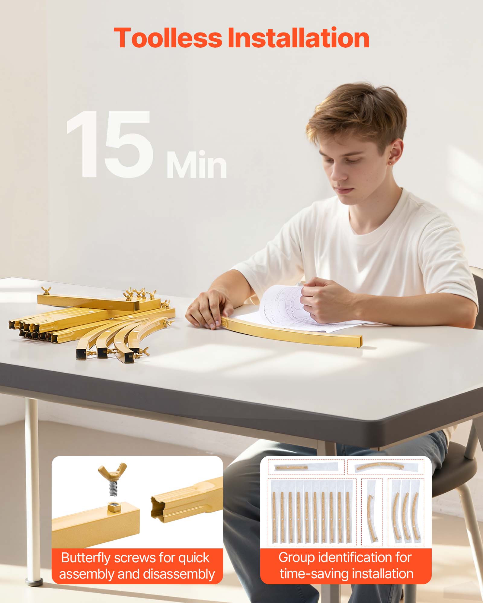 Toolless Installation  
15 Min  
Butterfly screws for quick assembly and disassembly  
Group identification for time-saving installation