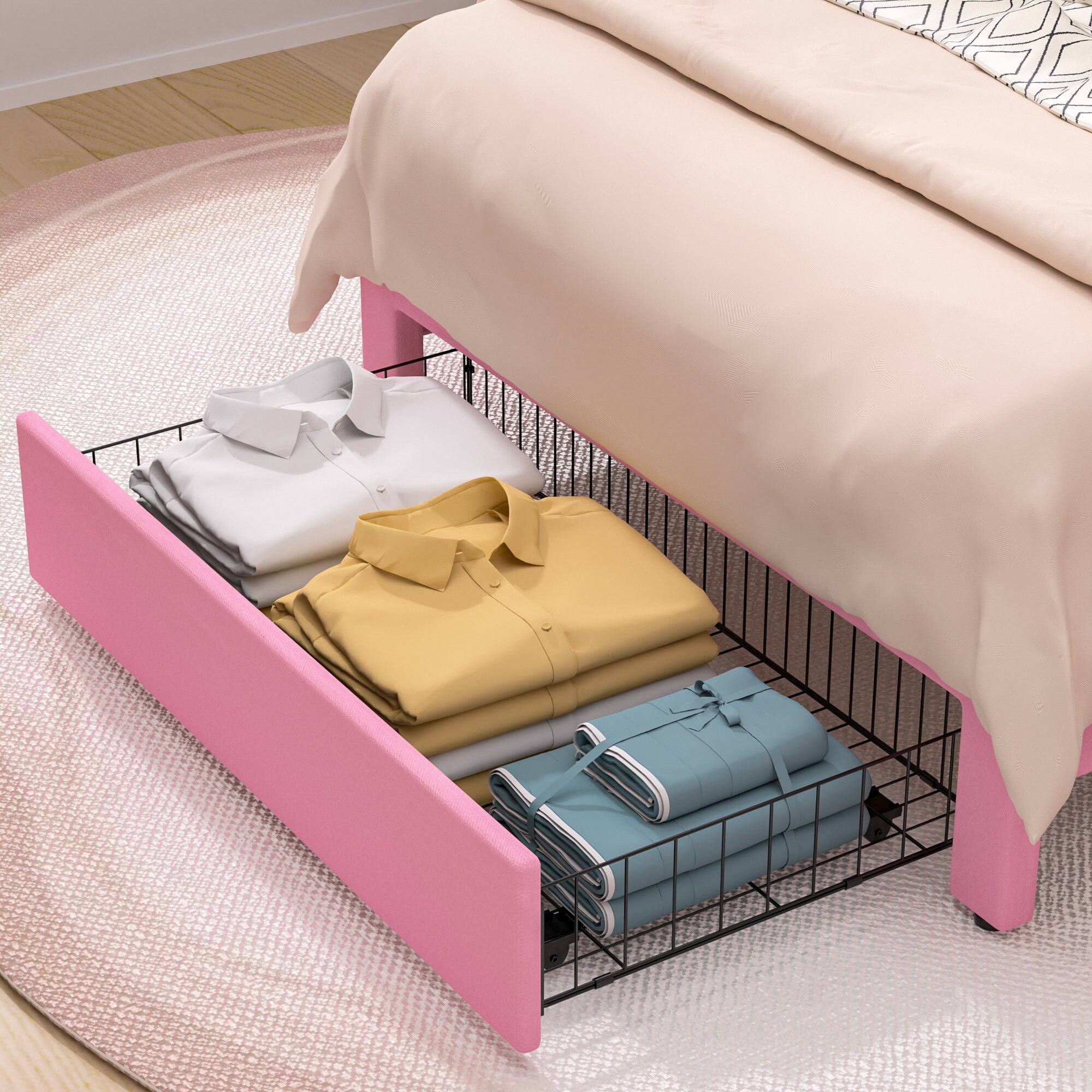 Alt View 3. Vecelo - Twin Size Storage Bed Frame with Drawers - Velvet Upholstered, Adjustable Headboard, 800lb Capacity, Noise Free - Pink.