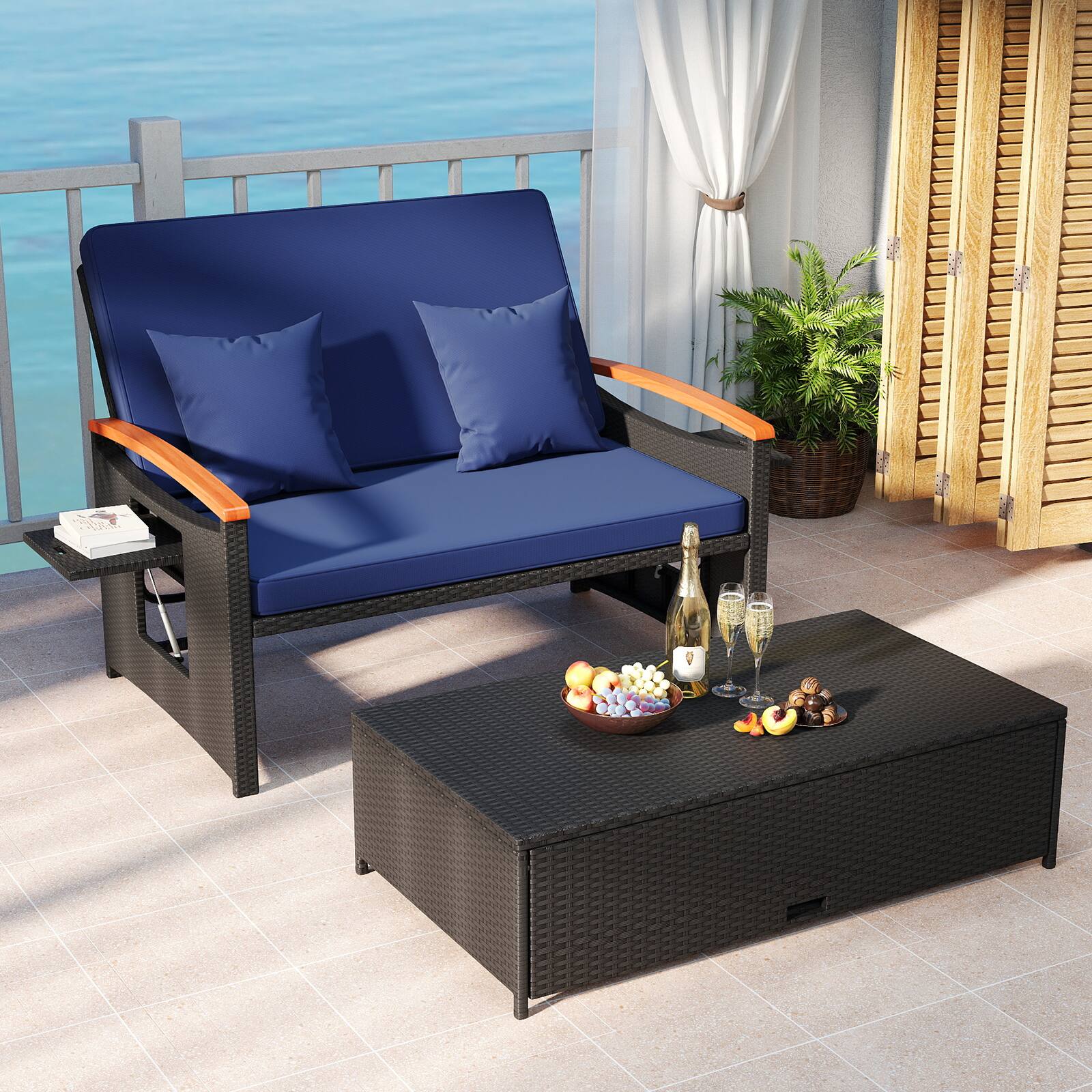 Alt View 1. Gymax - Gymax Patio Rattan Daybed Set w/Cushioned Loveseat & Storage Ottoman for Porch Outdoor Navy - Black.