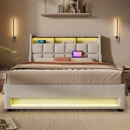 Front. LUCKY ONE - Queen size Upholstered Platform bed with a Hydraulic Storage System, LED and USB Charging - Natural.