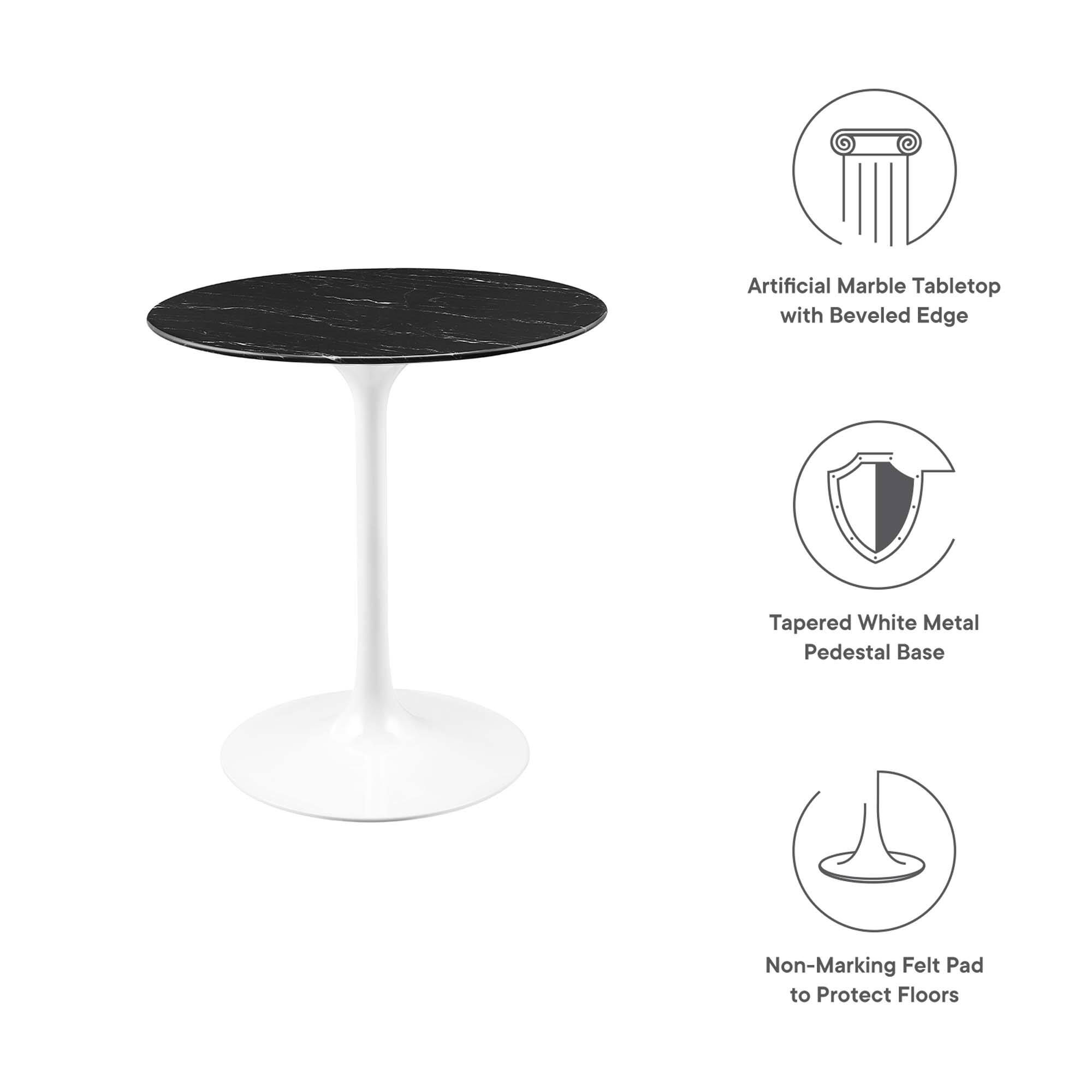 Artificial Marble Tabletop with Beveled Edge  
Tapered White Metal Pedestal Base  
Non-Marking Felt Pad to Protect Floors