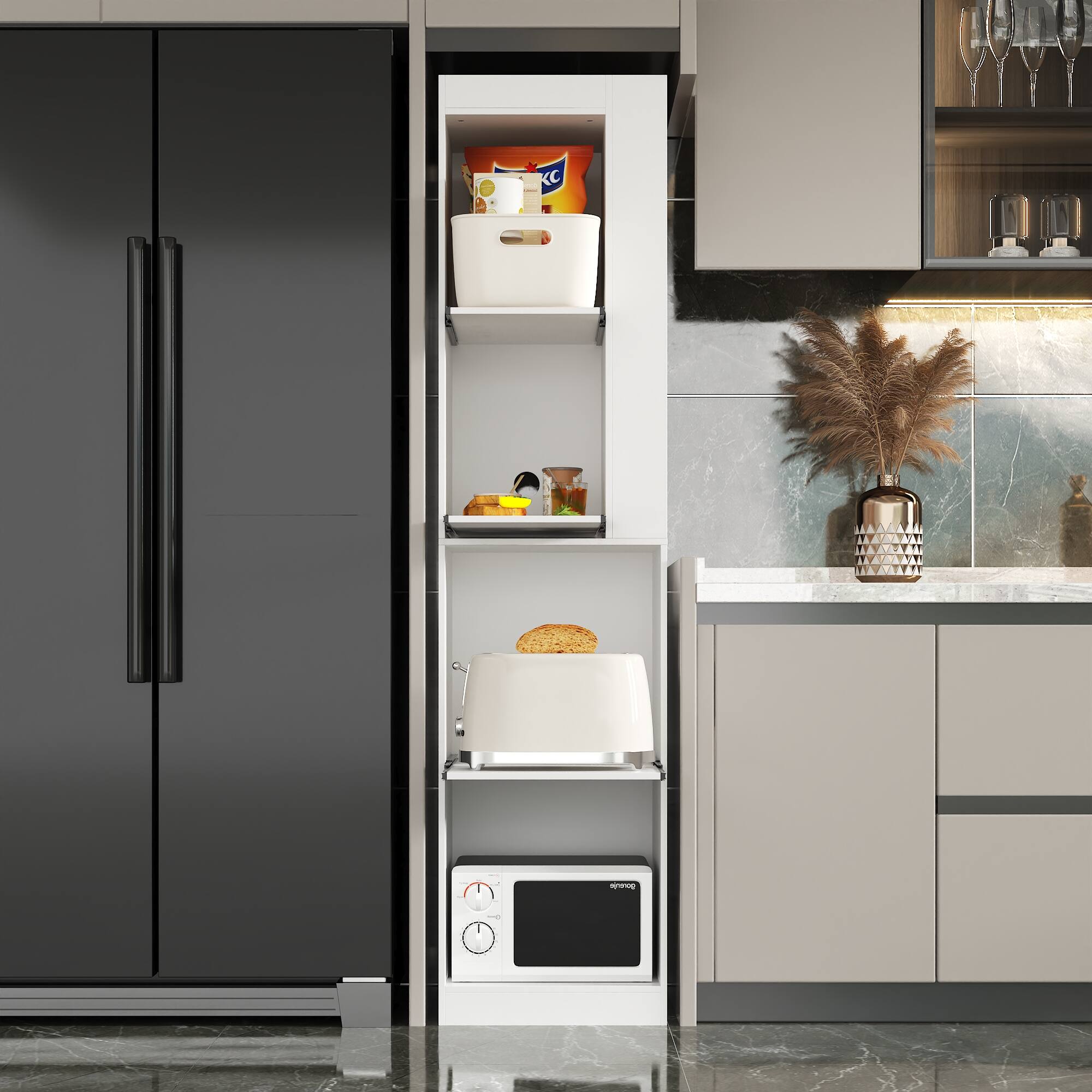 Angle. Famapy - Space - Saving Kitchen Tall Cabinet Modern Minimalist Design for Easy Access & Organized Storage - White.