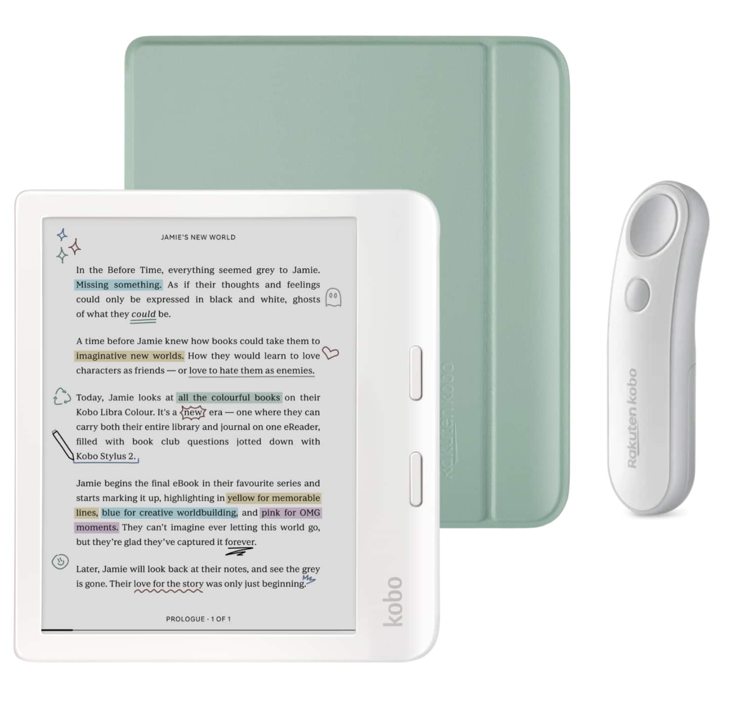 Kobo - Libra Colour (White) eReader with White Remote Bundle - 2024 - Garden Green Basic SleepCover