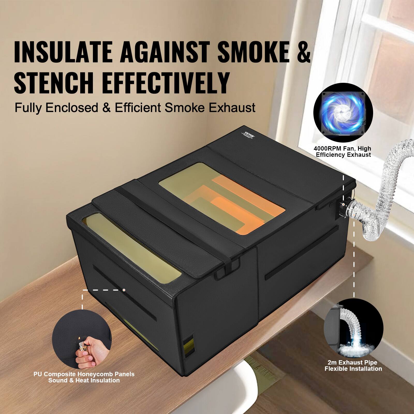 INSULATE AGAINST SMOKE & STENCH EFFECTIVELY

Fully Enclosed & Efficient Smoke Exhaust

4000RPM Fan, High Efficiency Exhaust

PU Composite Honeycomb Panels Sound & Heat Insulation

2m Exhaust Pipe Flexible Installation