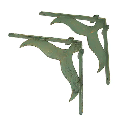 Front. Zeckos - Set of 2 Cast Iron Verdigris Whale Tail Wall Bracket Shelf Decor - Green.