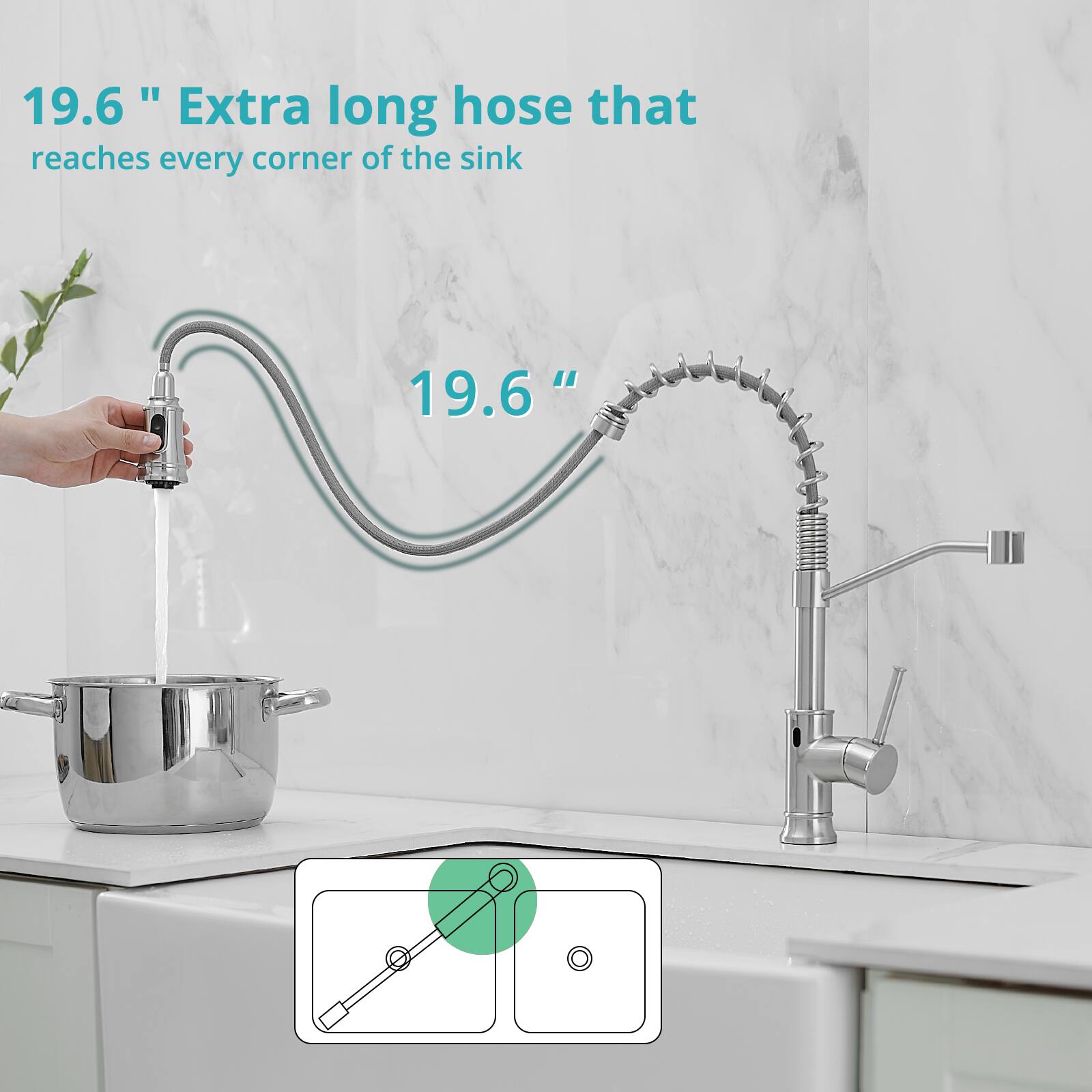 19.6" Extra long hose that reaches every corner of the sink

19.6"