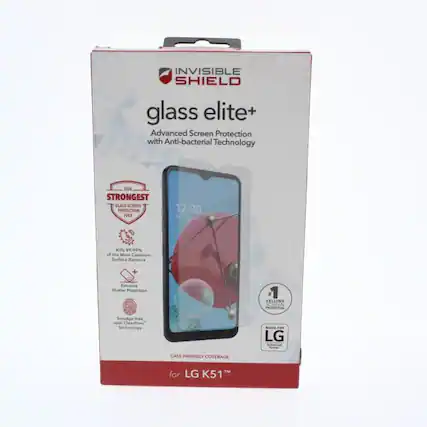 INVISIBLE SHIELD glass elite+ Advanced Screen Protection with Anti-bacterial Technology
OUR STRONGEST GLASS SCREEN PROTECTION
Kills 99.99% of the Most Common Surface Bacteria
Extreme Shatter Protection
Smudge free with ClearPrint Technology
MADE™ LG
CASE-FRIENDLY COVERAGE™ for: LG K51™