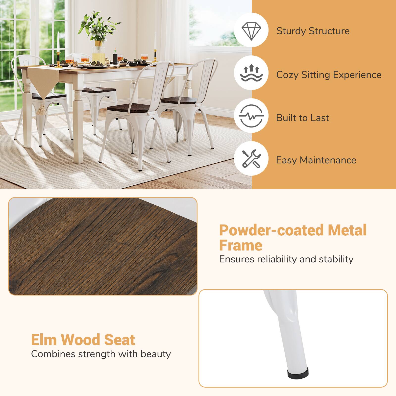 - Sturdy Structure
- Cozy Sitting Experience
- Built to Last
- Easy Maintenance

Powder-coated Metal Frame  
Ensures reliability and stability

Elm Wood Seat  
Combines strength with beauty