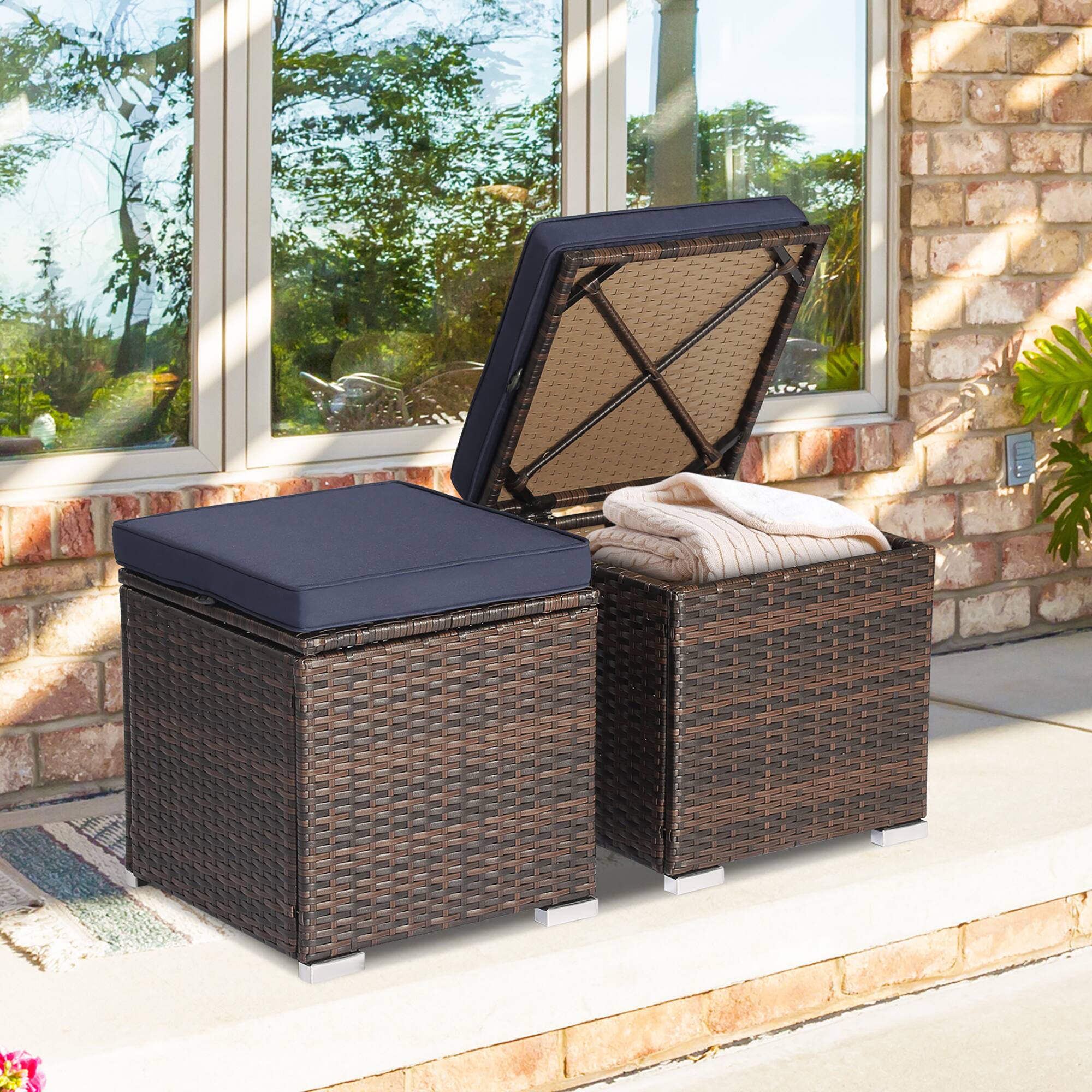 Alt View 3. Costway - 2PCS Patio Rattan Ottomans Seat Side Table Storage Box Footstool with Cushions - Navy + Mix Brown.