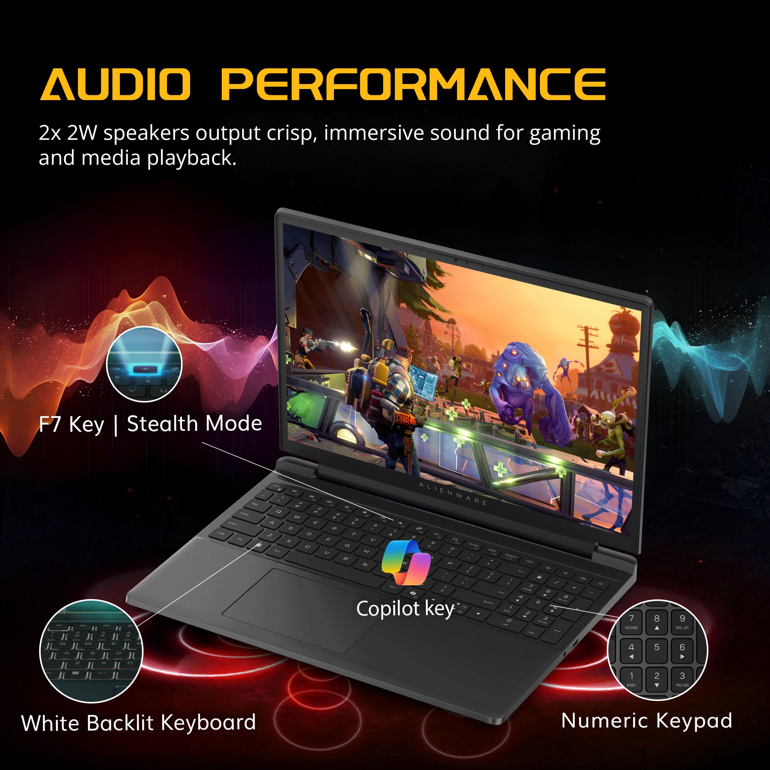 AUDIO PERFORMANCE  
2x 2W speakers output crisp, immersive sound for gaming and media playback.  

F7 Key | Stealth Mode  

White Backlit Keyboard  

Numeric Keypad