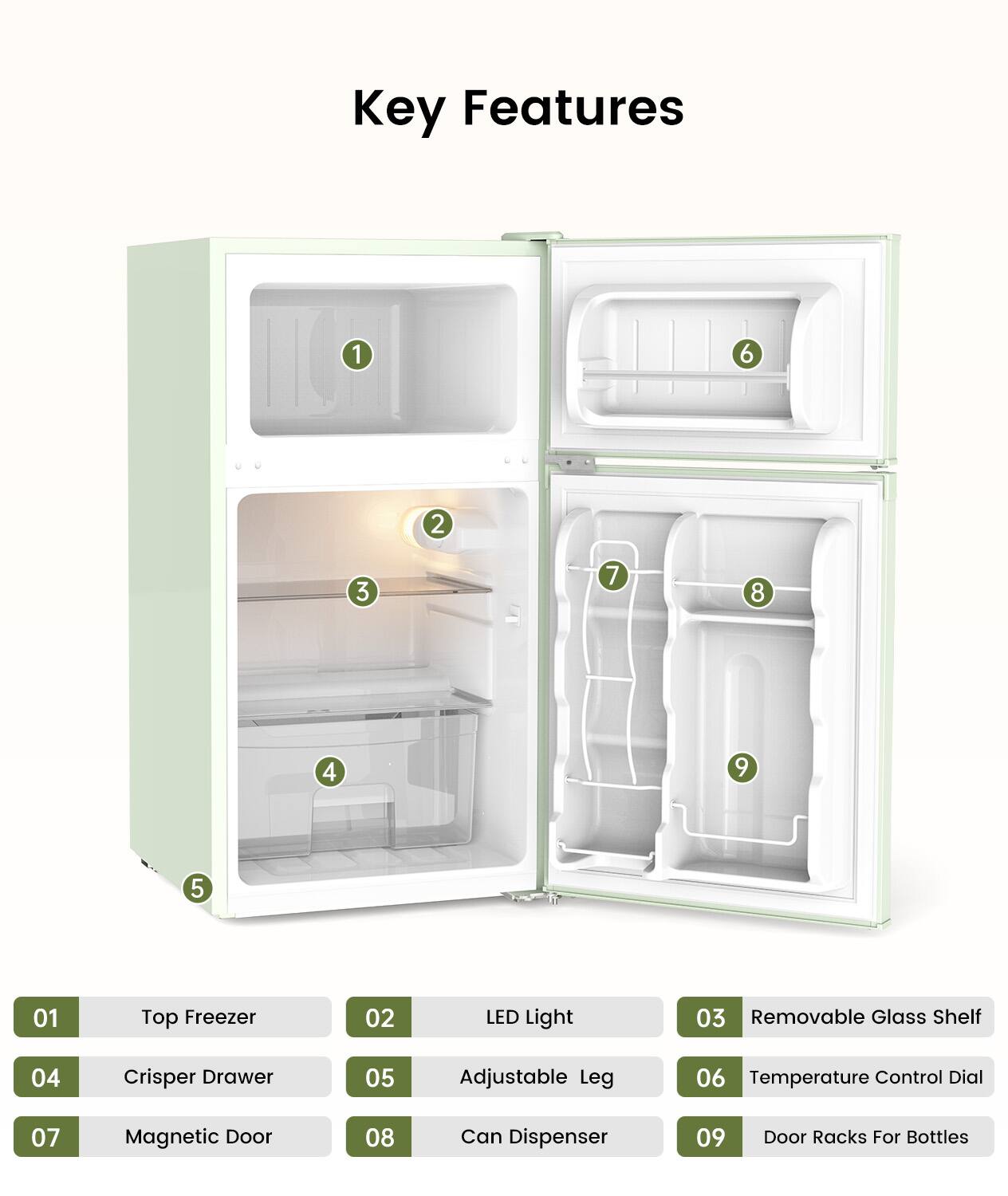Key Features
1. Top Freezer
2. LED Light
3. Removable Glass Shelf
4. Crisper Drawer
5. Adjustable Leg
6. Temperature Control Dial
7. Magnetic Door
8. Can Dispenser
9. Door Racks For Bottles