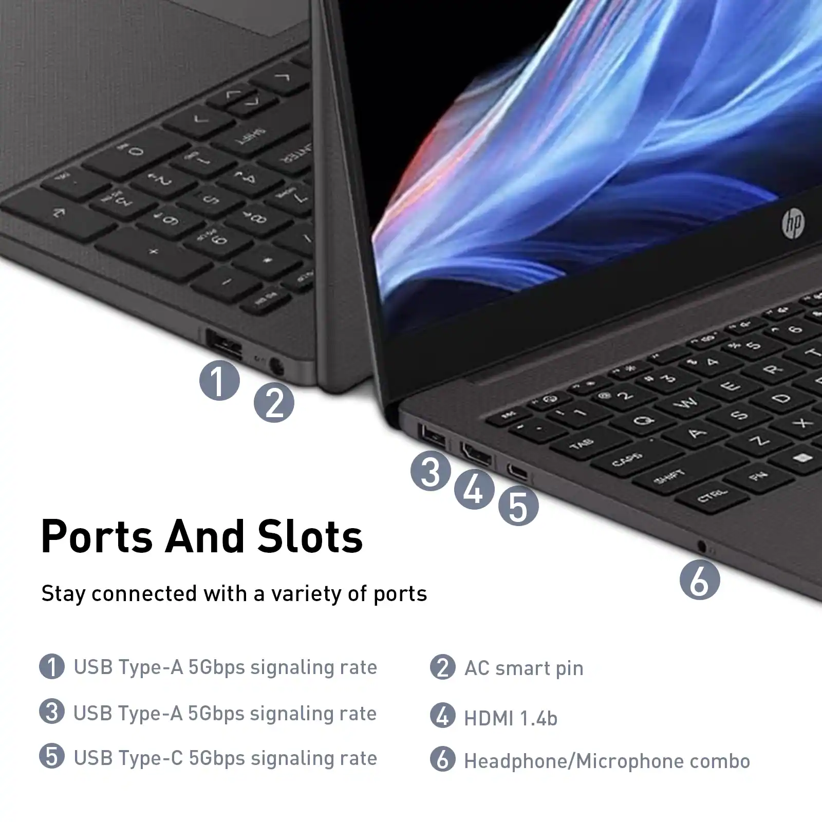 Ports And Slots

Stay connected with a variety of ports

1. USB Type-A 5Gbps signaling rate
2. AC smart pin
3. USB Type-A 5Gbps signaling rate
4. HDMI 1.4b
5. USB Type-C 5Gbps signaling rate
6. Headphone/Microphone combo