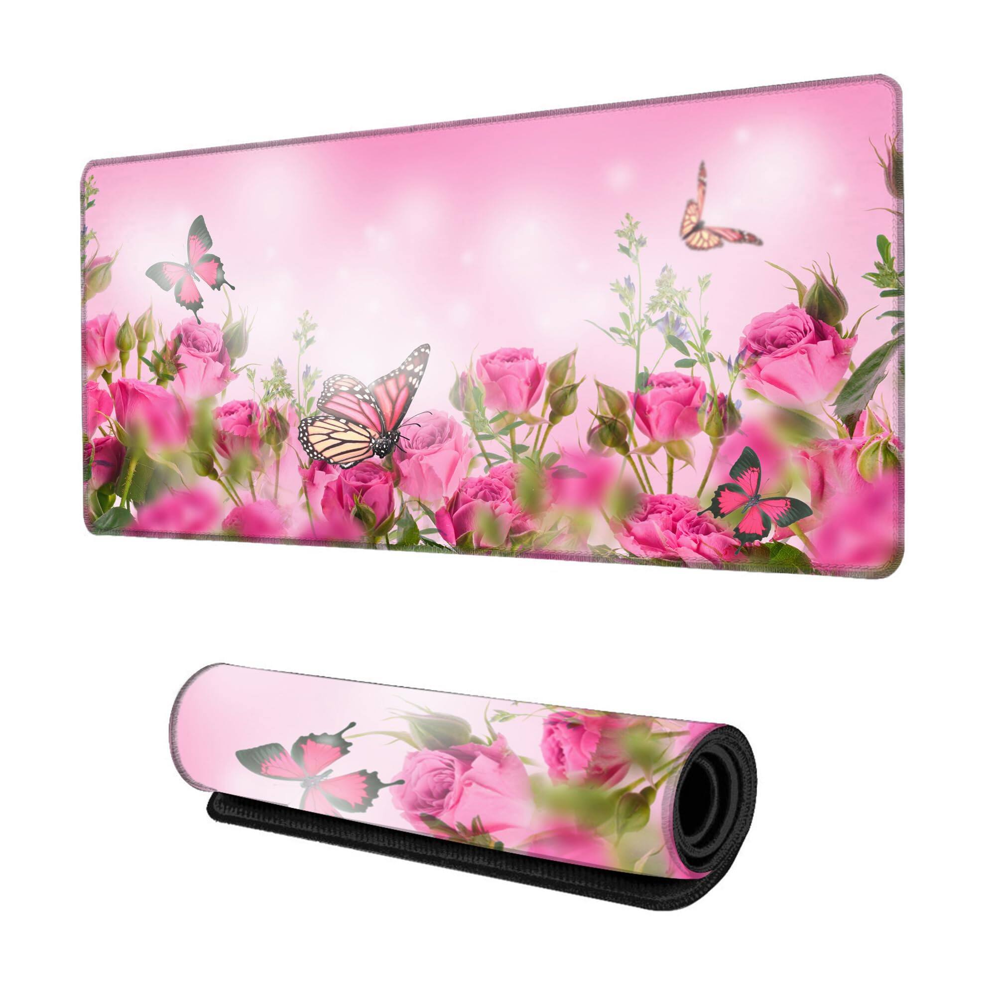 Front. Fabibe - Desk Mat Spring Pink Rose Floral Butterfly Mouse Pad Large Gaming For Non-slip Rubber Base Mousepad 31.5x15.7 Inch Of... - Spring Pink Rose Floral Butterfly.
