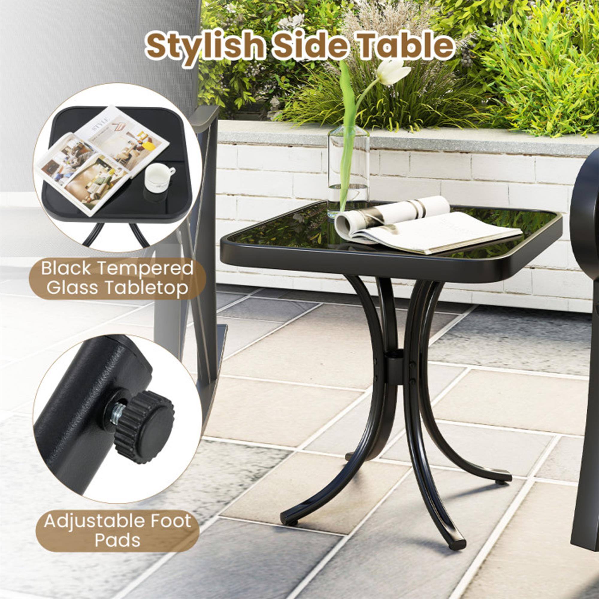 Stylish Side Table

- Black Tempered Glass Tabletop
- Adjustable Foot Pads