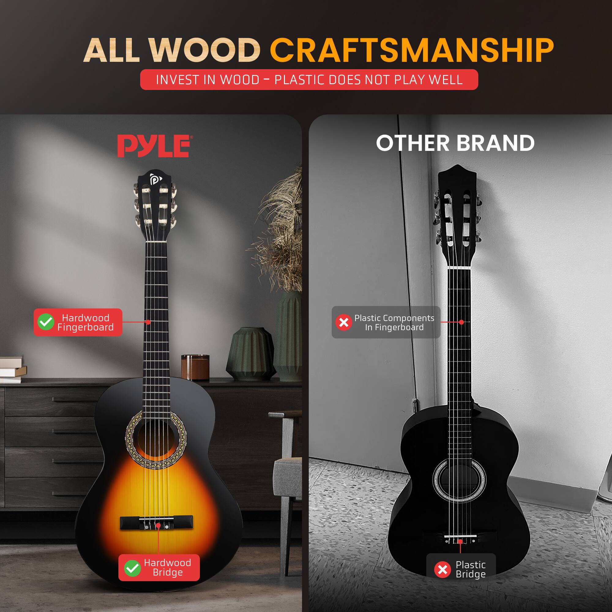 ALL WOOD CRAFTSMANSHIP  
INVEST IN WOOD - PLASTIC DOES NOT PLAY WELL  

PYLE  
Hardwood Fingerboard  
Hardwood Bridge  

OTHER BRAND  
Plastic Components in Fingerboard  
Plastic Bridge