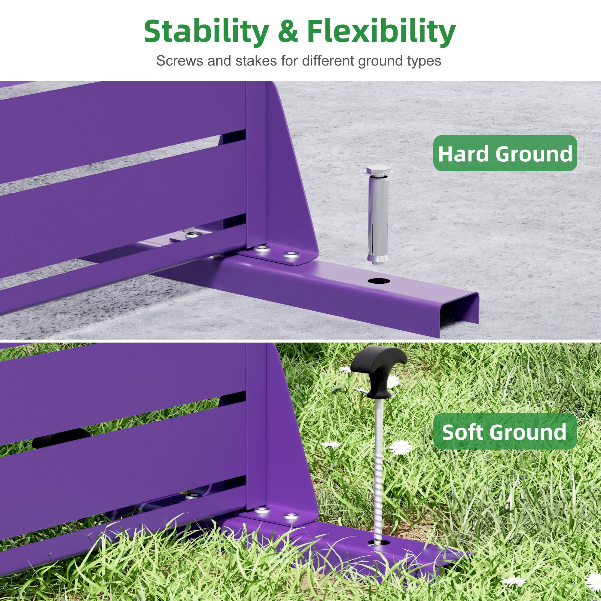 Stability & Flexibility  
Screws and stakes for different ground types  

Hard Ground  

Soft Ground