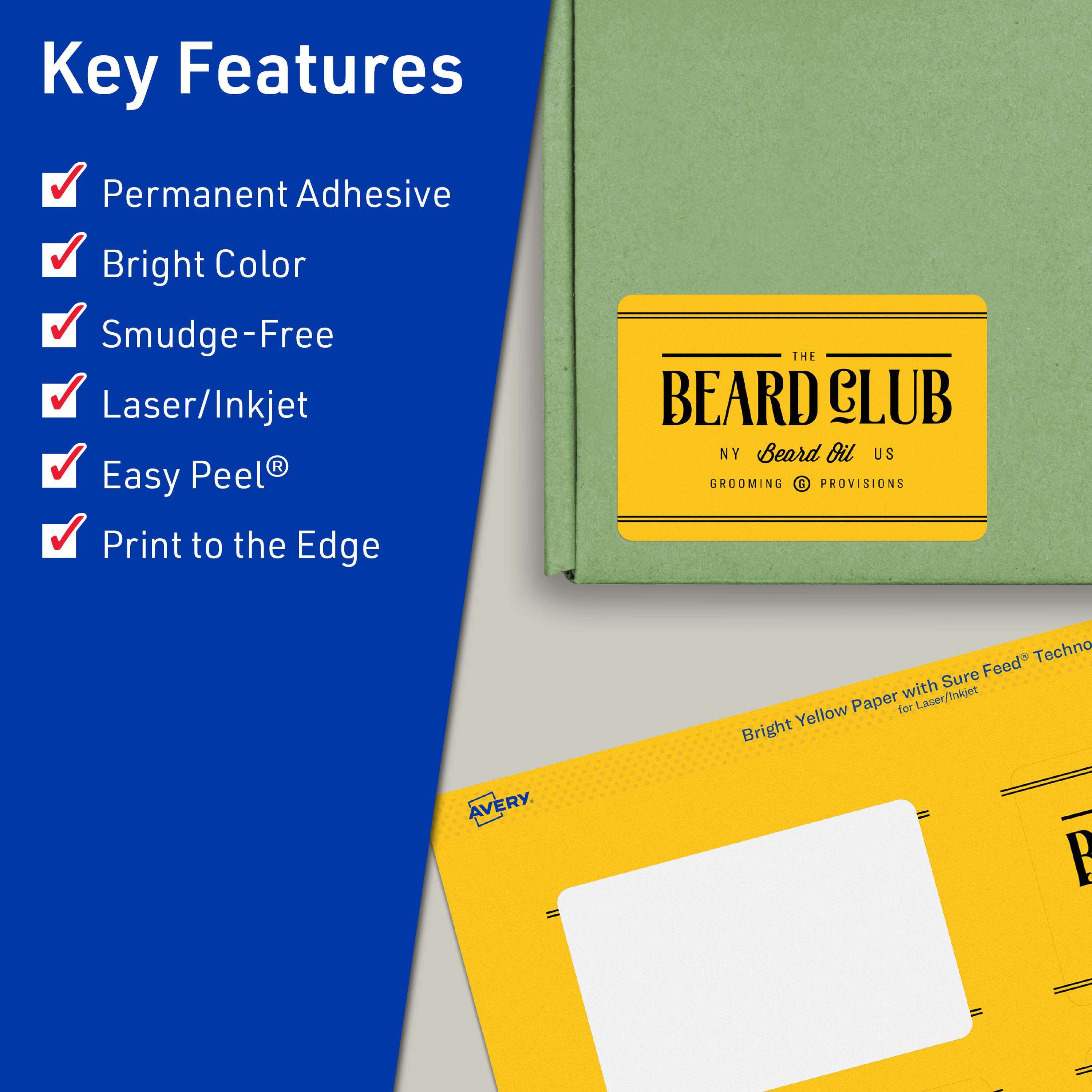 Key Features  
- Permanent Adhesive  
- Bright Color  
- Smudge-Free  
- Laser/Inkjet  
- Easy Peel®  
- Print to the Edge  

THE BEARD CLUB  
NY Beard Oil US  
GROOMING PROVISIONS  

Bright Yellow Paper with Sure Feed® Technology for Laser/Inkjet  

AVERY