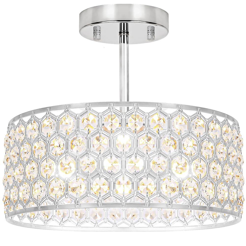 Front. Earthley Blooms - Crystal Ceiling Light Fixture Modern Semi Flush Mount Chandelier Lighting For Hallway Kitchen Foyer Daz - Chrome 12in A.