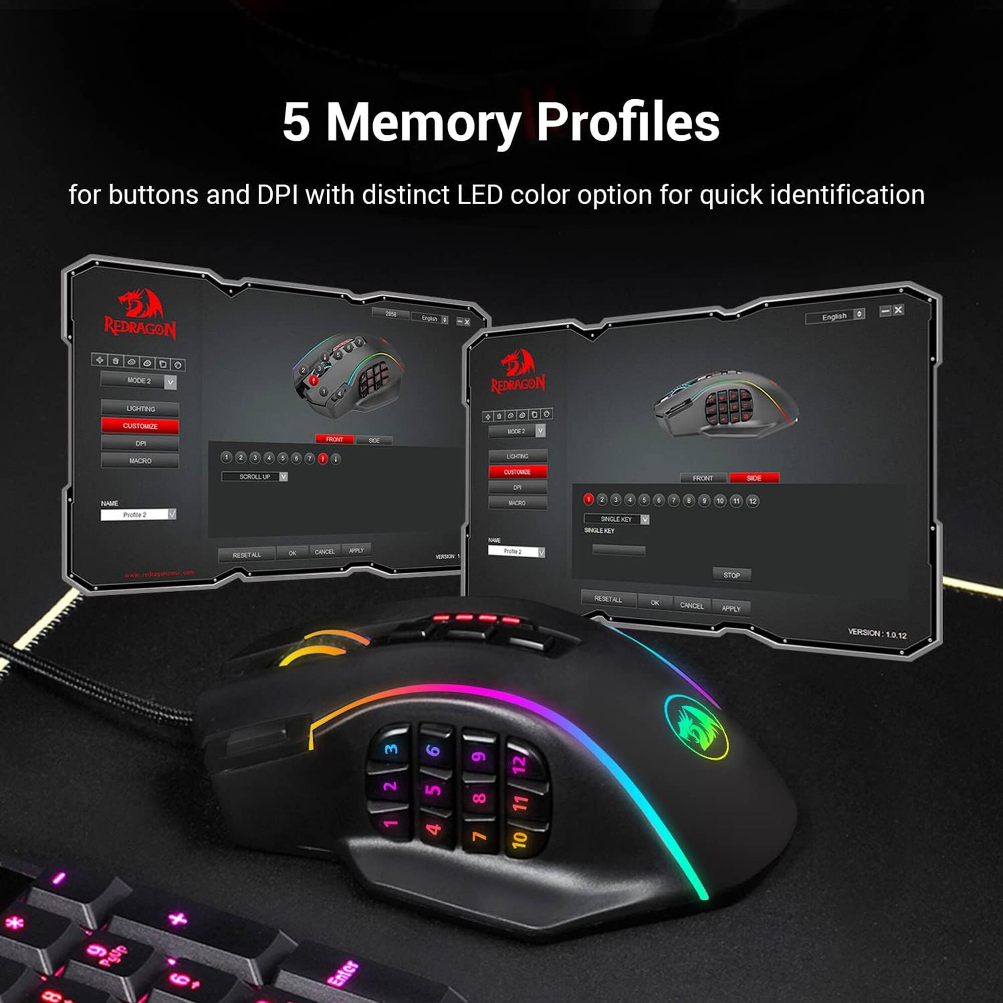 The text on the image reads: "5 Memory Profiles for buttons and DPI with distinct LED color option for quick identification REDRAGON."