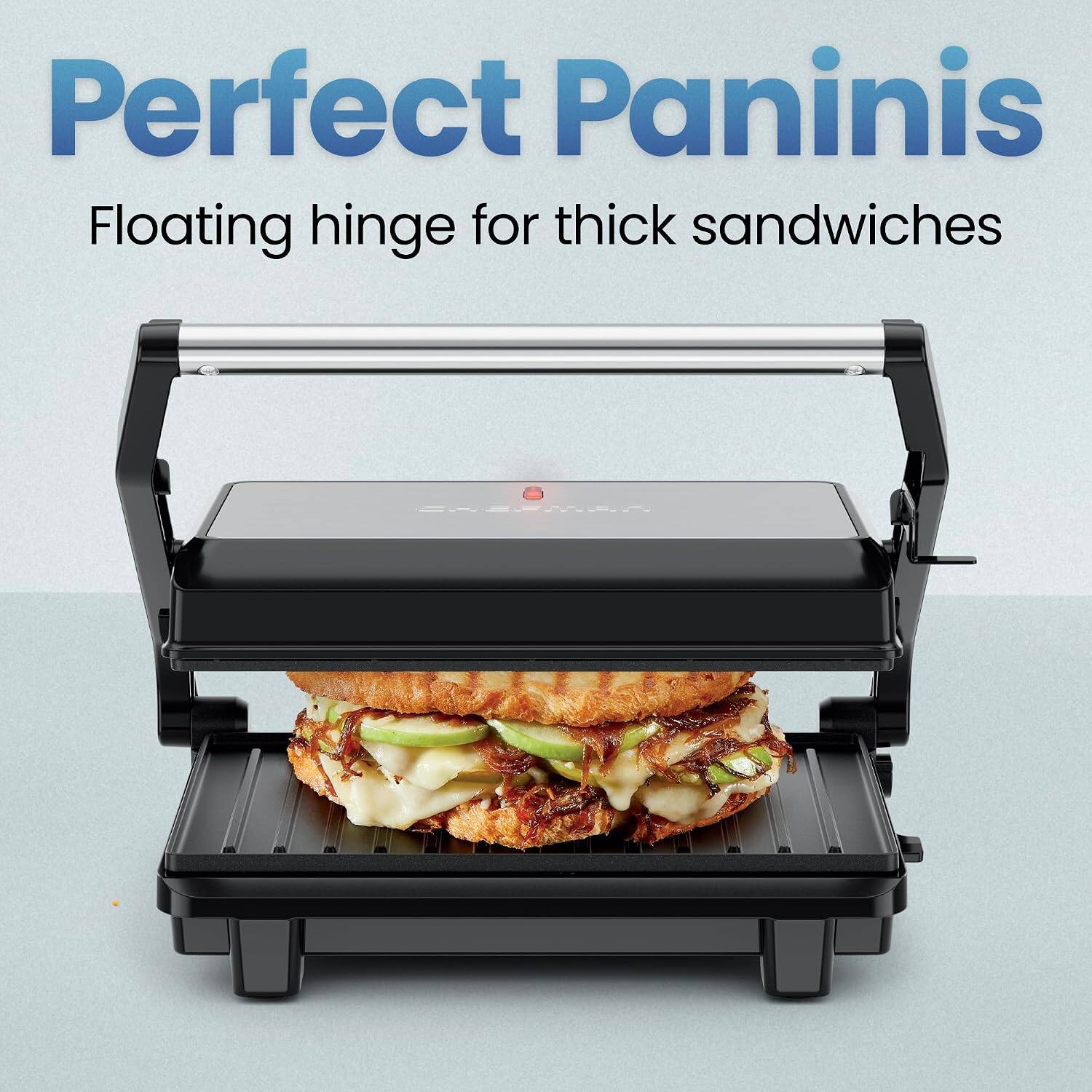 Perfect Paninis  
Floating hinge for thick sandwiches