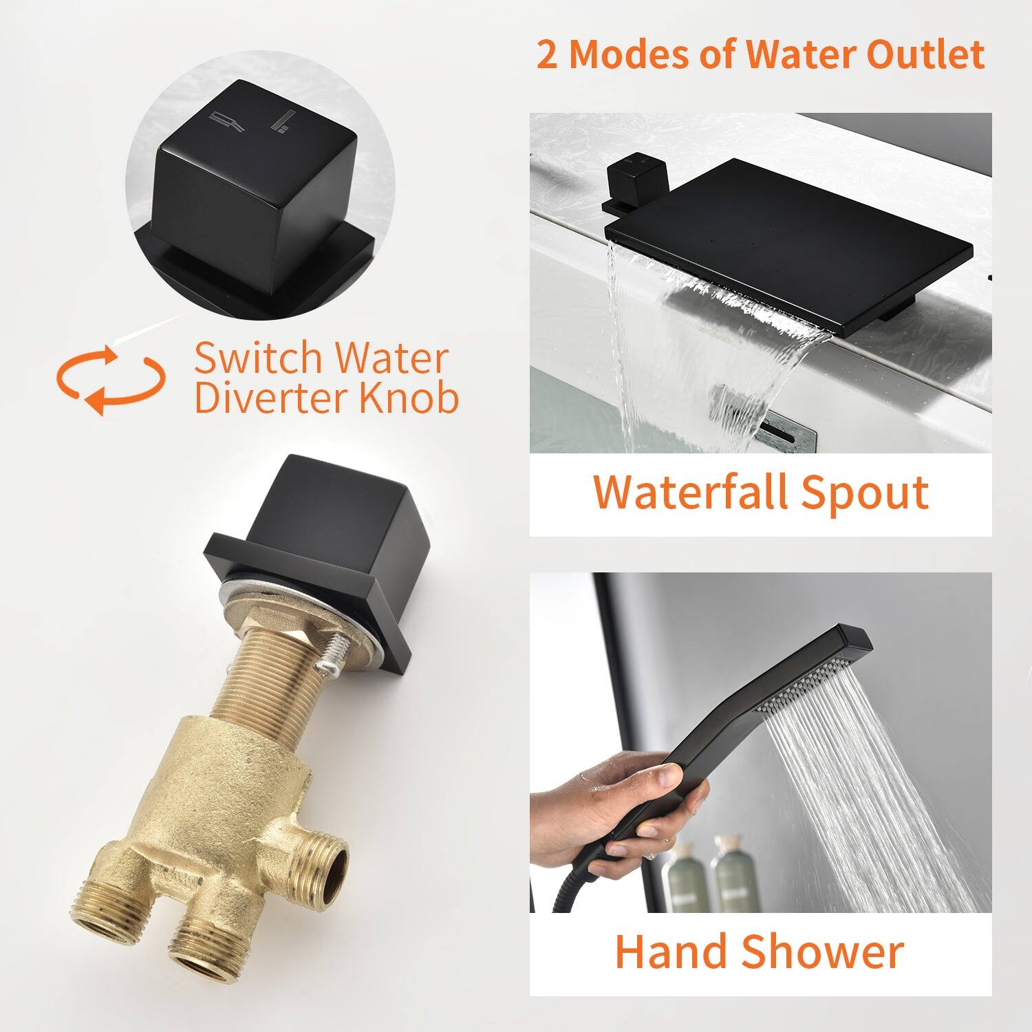 2 Modes of Water Outlet

Switch Water Diverter Knob

Waterfall Spout

Hand Shower
