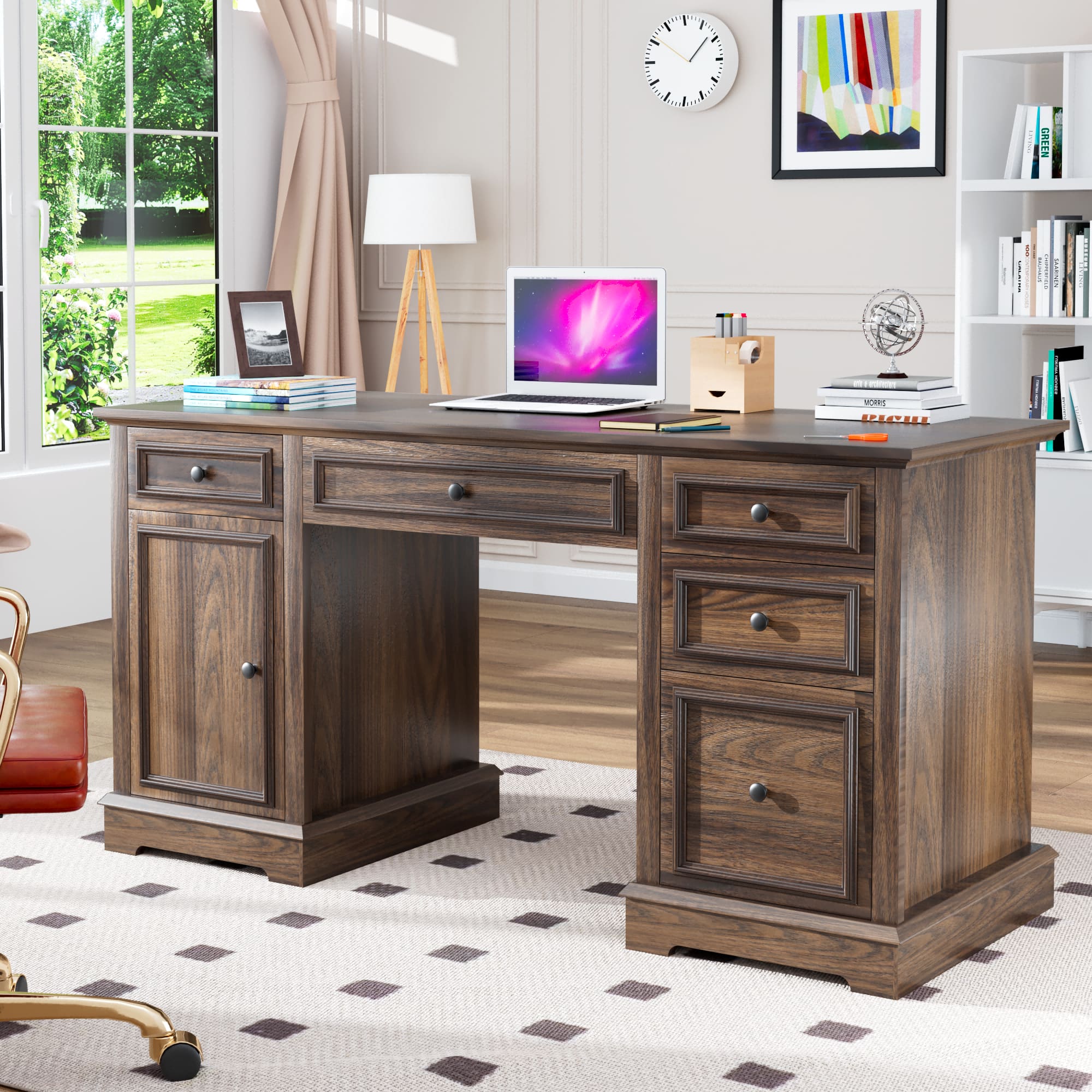 Dyonery - 60" Desk,Wood Computer Office Desk with Drawers & Cabinet, Large Capacity Home Office Desk Workstation - Black